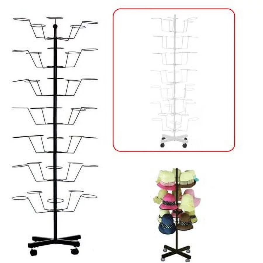 DONSU 7 Tier Hat Rack Stand for Retail 35 Hooks Rotating Hat Rack Freestanding Hat Retail Display Stand Wigs Holder (White)
