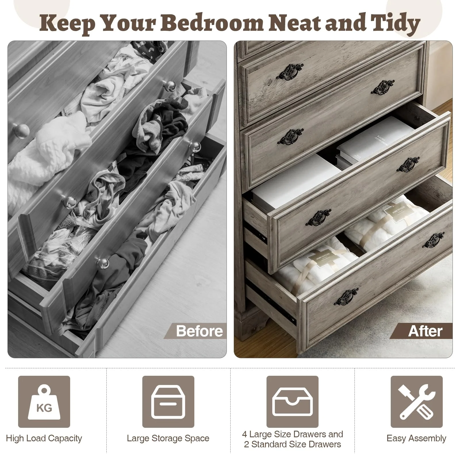 6 Drawer Dresser, 48 Tall Chest of Drawers, Wood Rustic Retro Storage Dressers Organizer for Living Room, Hallway, Entryway, Home Office, Grey