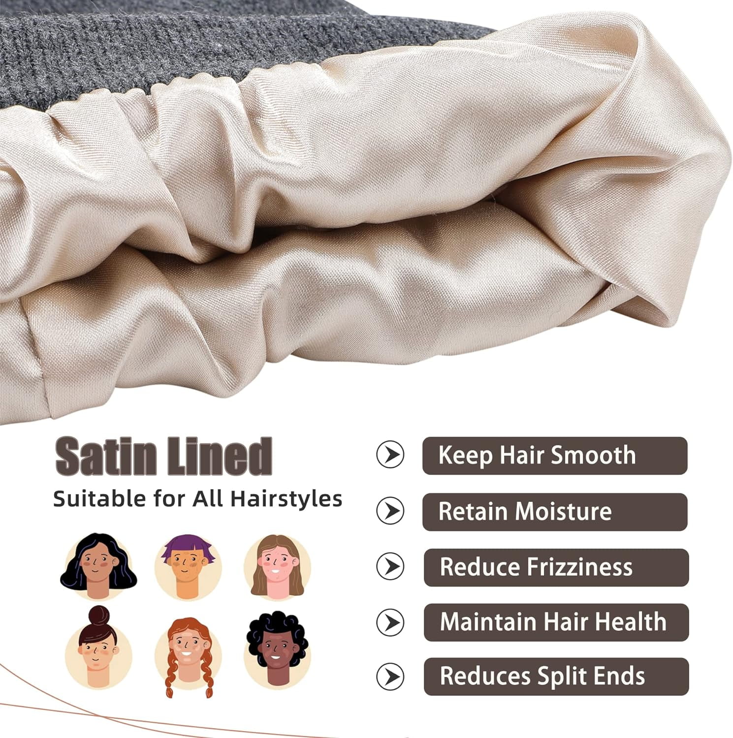 Women Satin Lined Knit Beanie Hat Winter Hats for Women Men Silk Lining Soft Slouchy Warm Cuffed Beanie Hat (White) - Curated Treasures Market