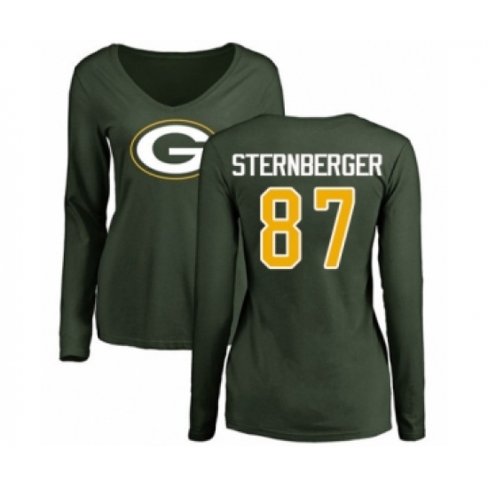Football Women's Green Bay Packers #87 Jace Sternberger Green Name & Number Logo Long Sleeve T-Shirt