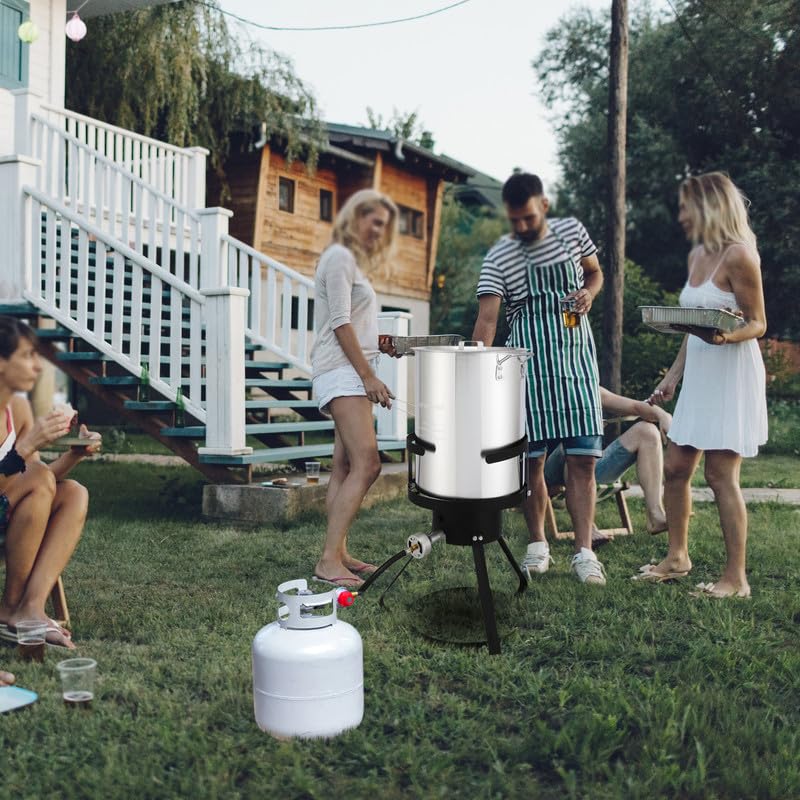 Outdoor Fryer Turkey Fryer 13 * 32 inch 4-Piece fryer Set with Black Round Iron Stove Frame Outdoor Burner Silver Aluminum 30qt Turkey Pot 10qt Fish Pot, Gas Fryer for Home Kitchen Restaurant