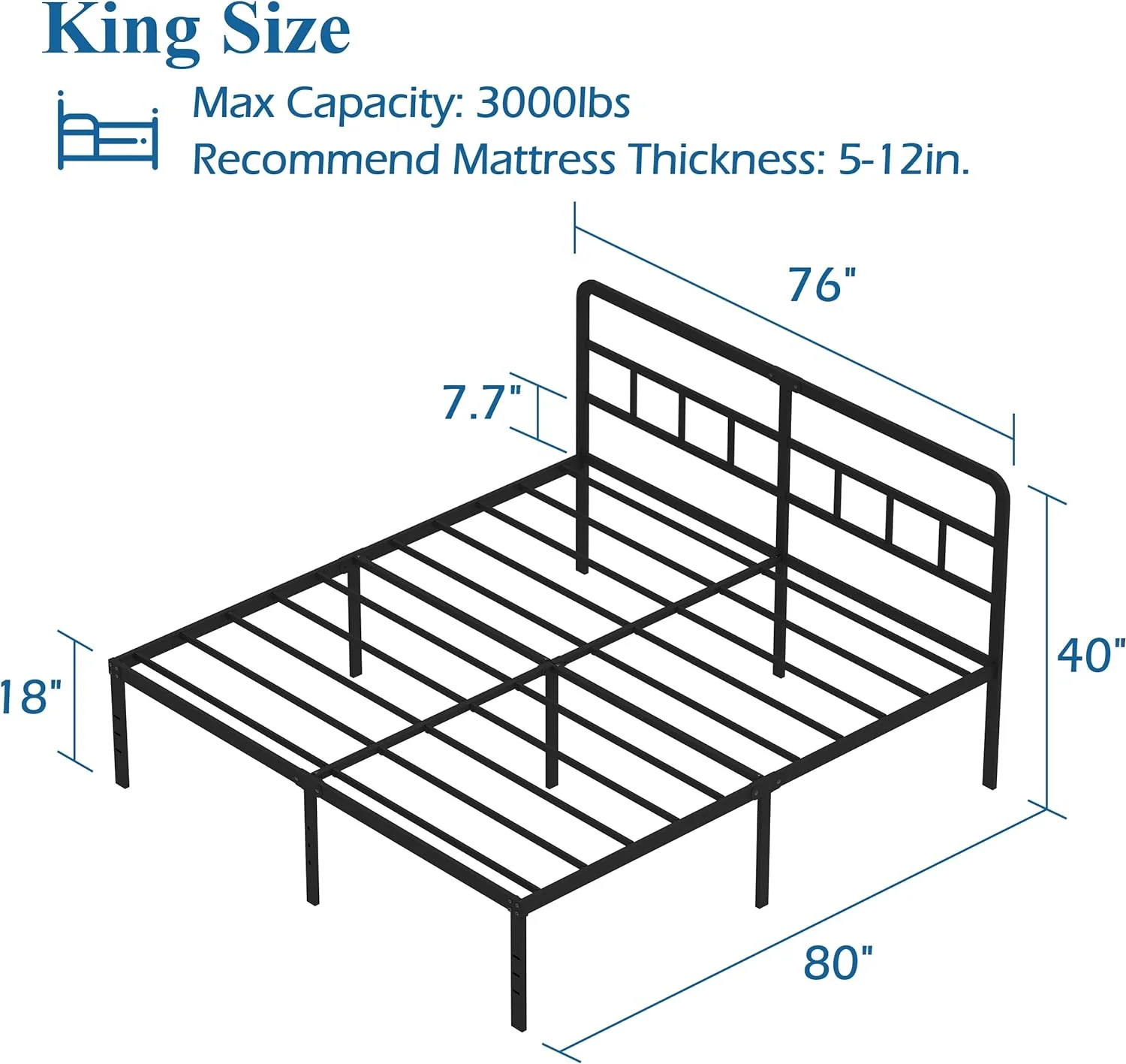 Lutown-Teen King Size Bed Frame with Headboard, 18 Inch Metal Platform No Box Spring Needed Heavy Duty Steel Slat Mattress Foundation/Easy Assembly/Noise Free/Black - Curated Treasures Market