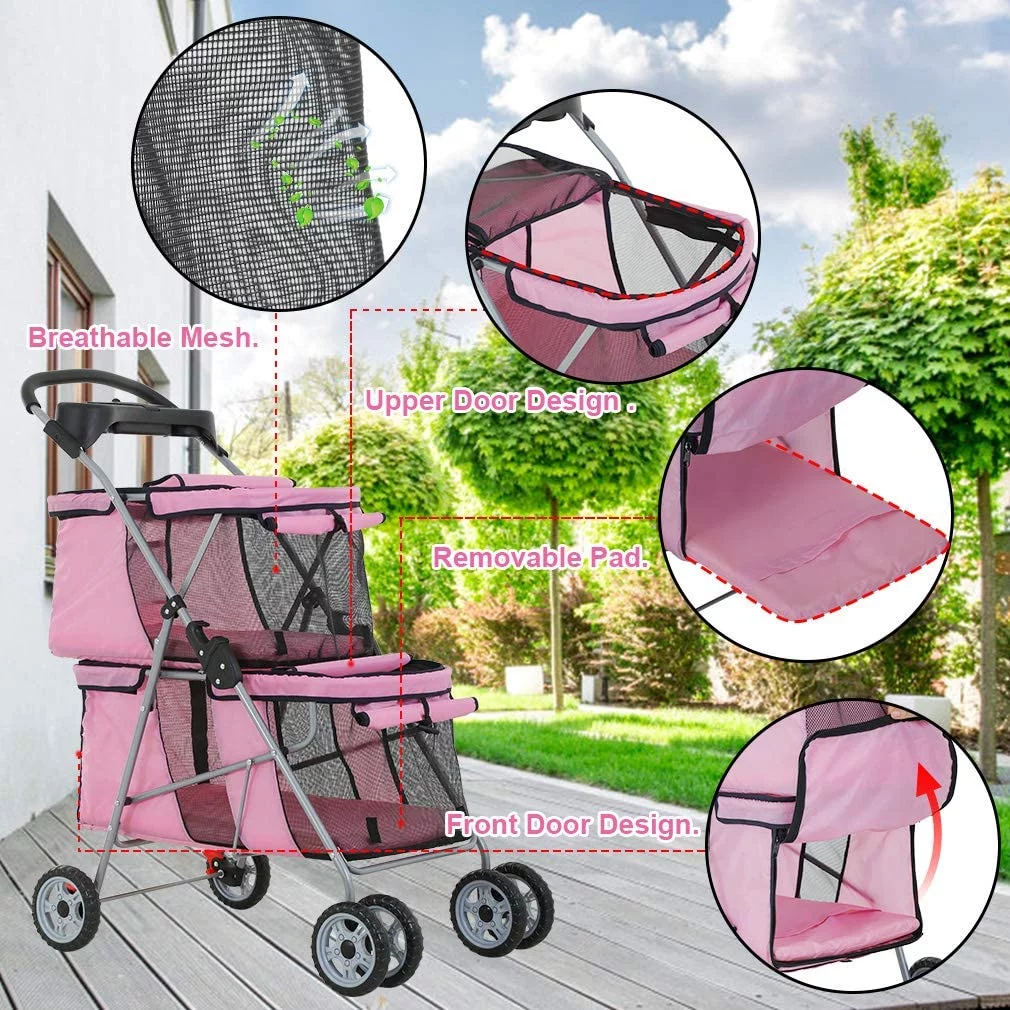 Dkelincs Double Tier Dog Stroller Cat Stroller Travel Folding Pet Stroller 4 Wheels Jogger Stroller with Removable Pad & Cup Holder, Pink - Curated Treasures Market