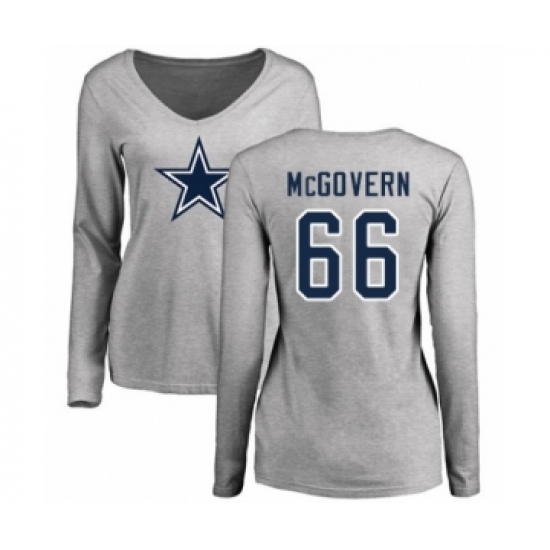 Football Women's Dallas Cowboys #66 Connor McGovern Ash Name & Number Logo Slim Fit Long Sleeve T-Shirt
