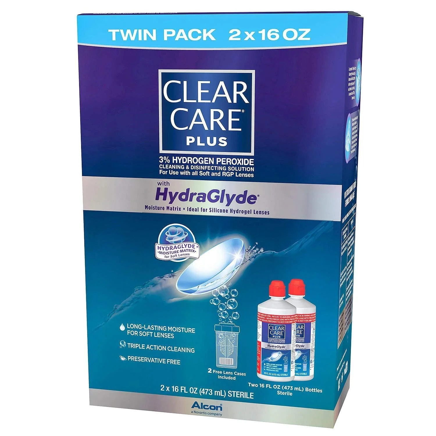 Clear Care Plus with Hydraglyde Cleaning & Disinfecting Solution Twin Pack with 2 Lens Cases Included 16 oz