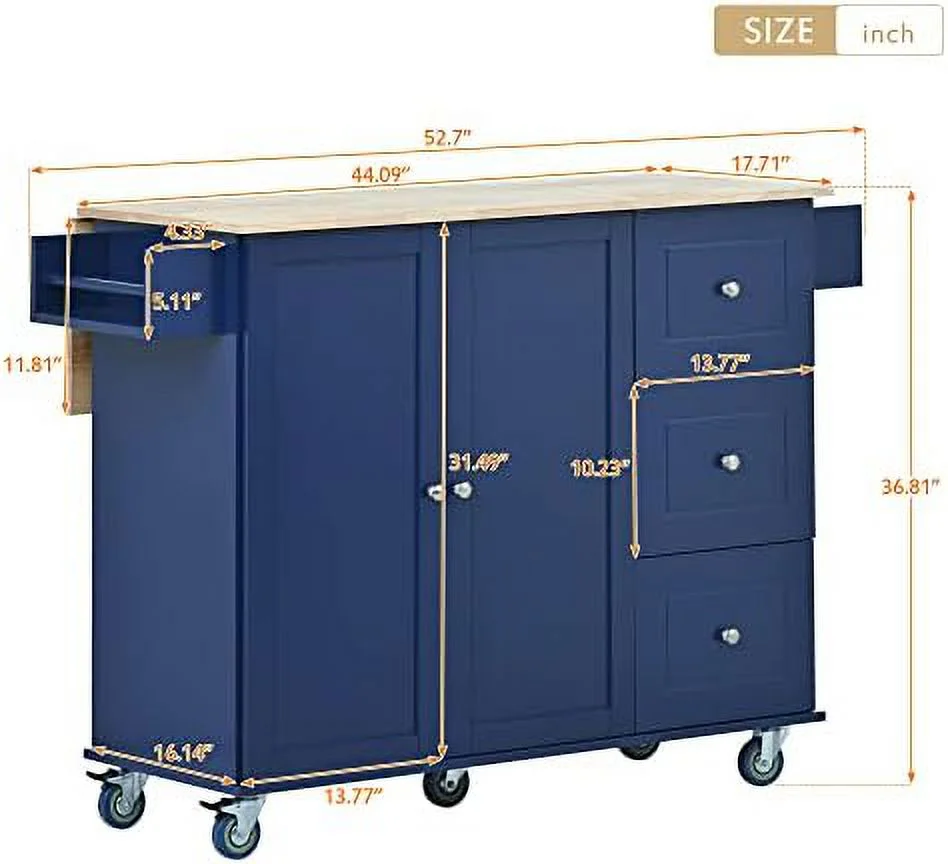 HYHBIBOOM Rolling Kitchen Island Cart with Folding Drop Leaf and  Cabinets  Kitchen Cart on Wheels with Spice Rack  Towel Rack and 3 Drawers  Dark Blue - Curated Treasures Market