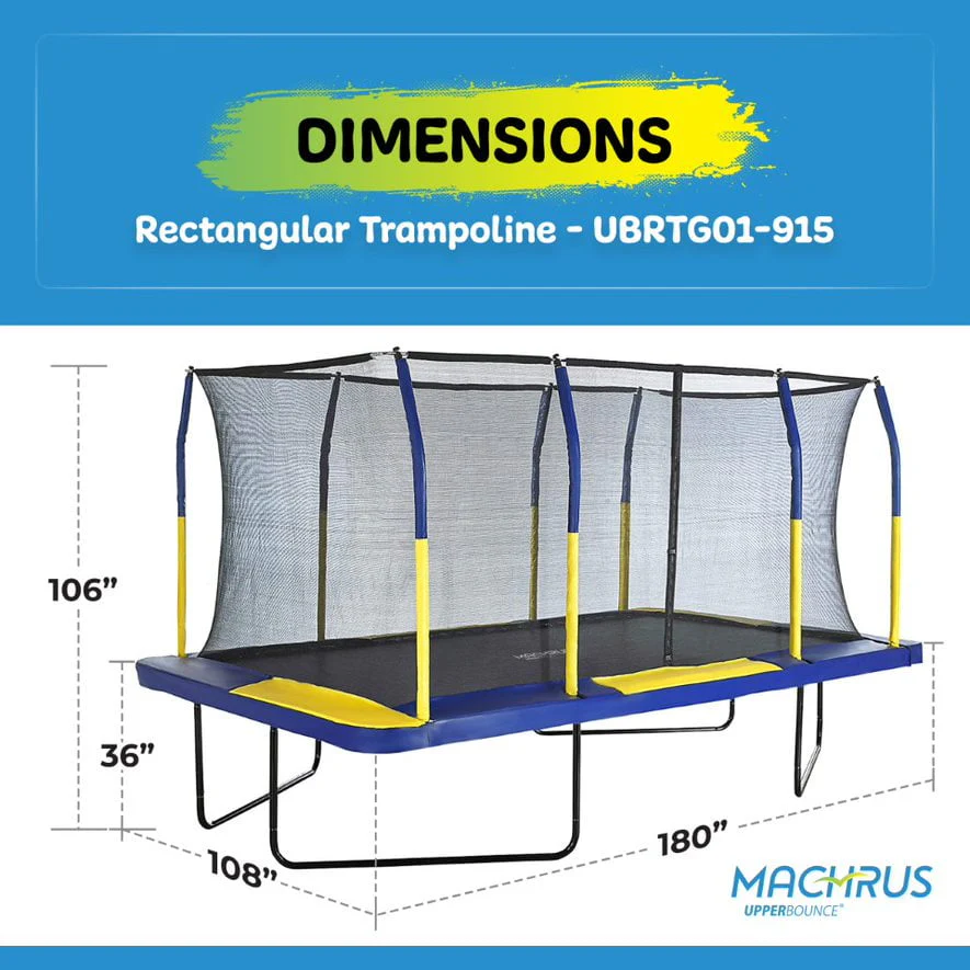 Machrus Upper Bounce 9' X 15' Gymnastics Style, Rectangular Trampoline Set with Premium Top-Ring Enclosure System - Blue/Yellow