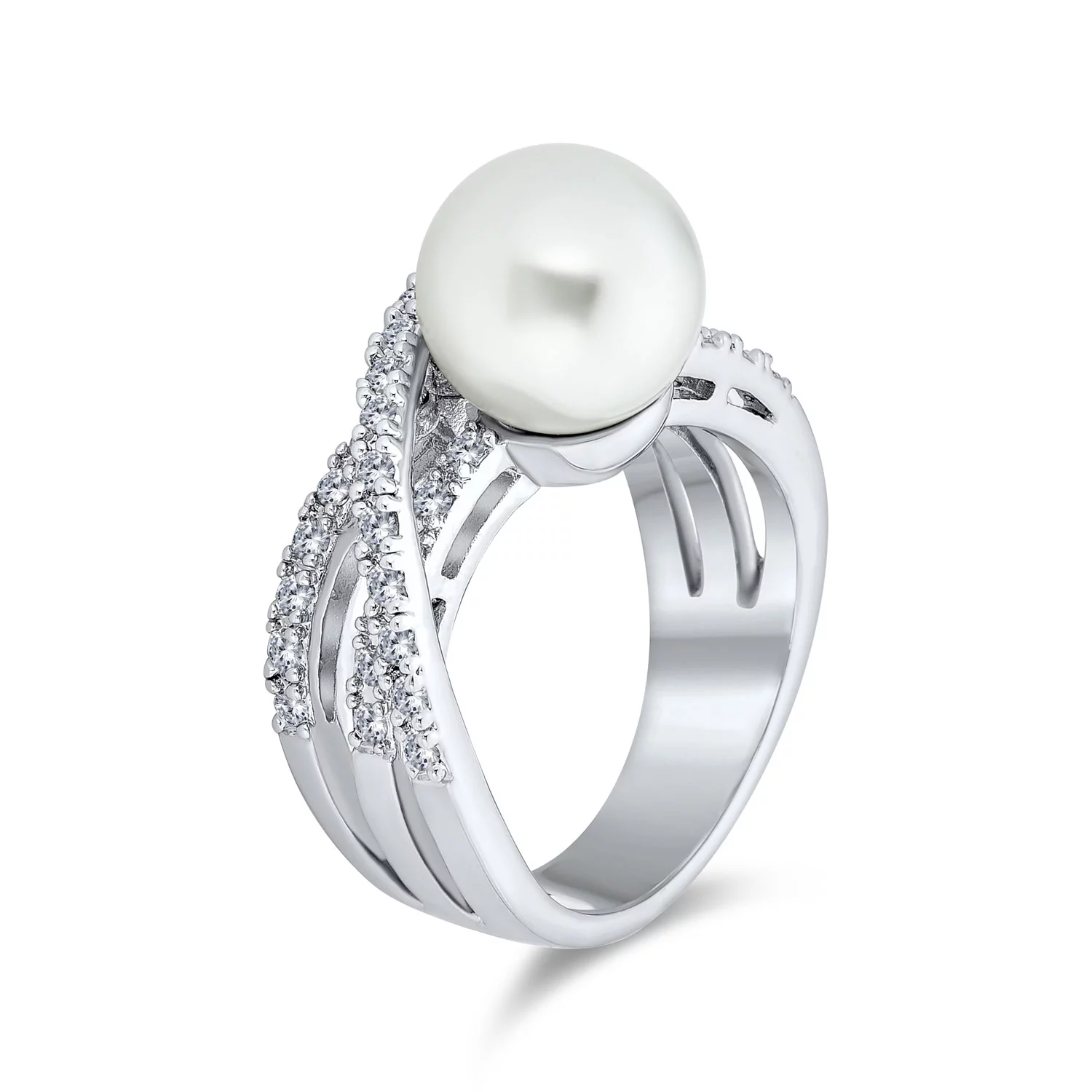 Bling Jewelry Criss Cross Pave CZ Solitaire White Imitation Pearl Statement Ring - Curated Treasures Market