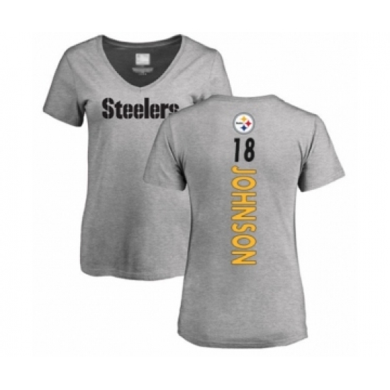 Women's Pittsburgh Steelers #18 Diontae Johnson Ash Backer V-Neck T-Shirt
