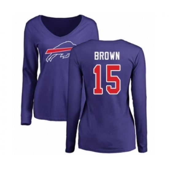 Football Women's Buffalo Bills #15 John Brown Royal Blue Name & Number Logo Long Sleeve T-Shirt