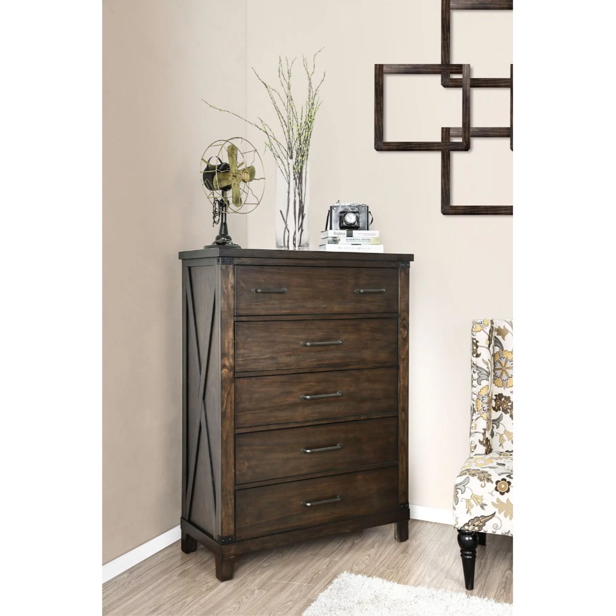 Five Drawer Solid Wood Chest with Metal Bar Handle. Walnut Brown