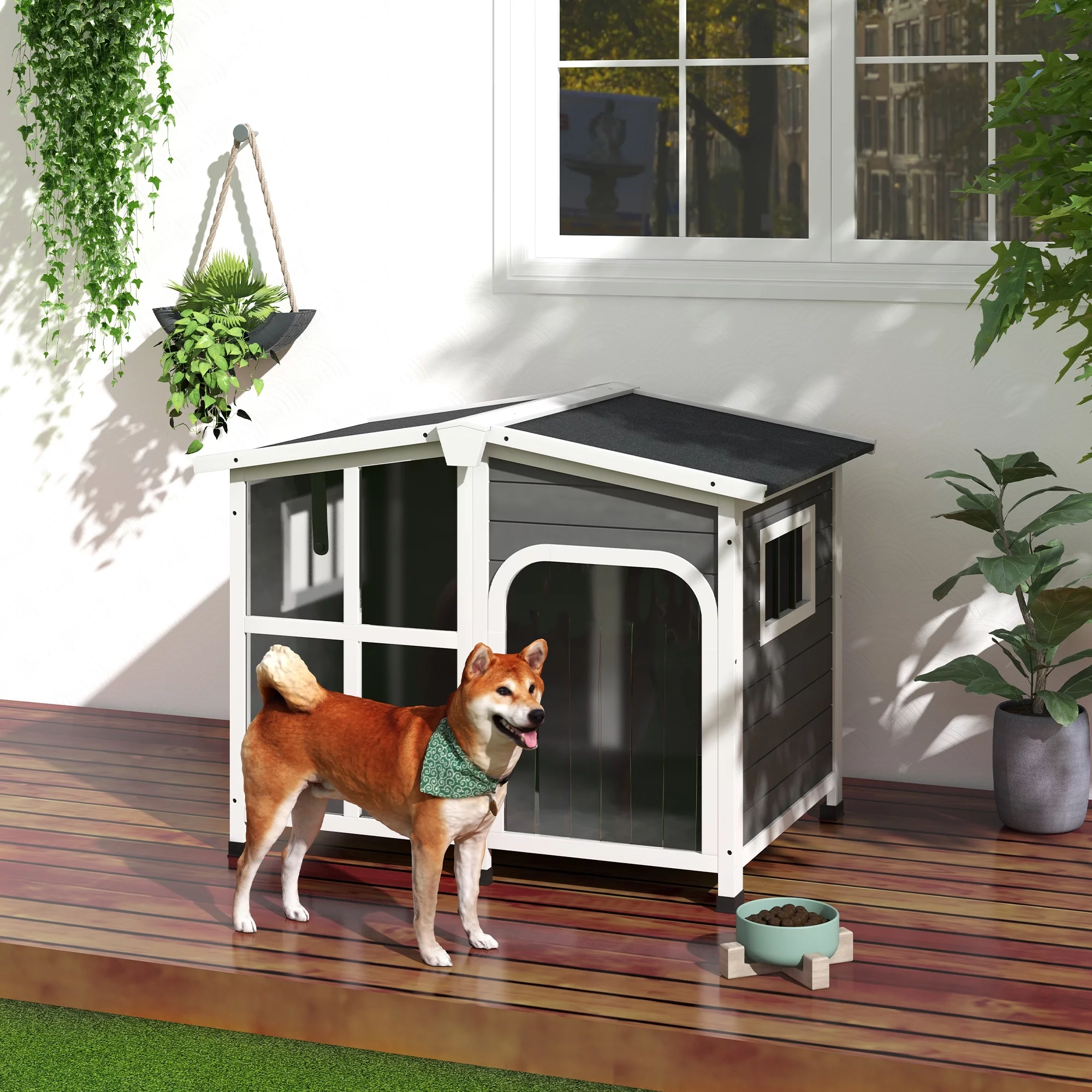 PawHut Giant Window Wooden Dog House for Large Dogs Outdoor & Indoor - Curated Treasures Market