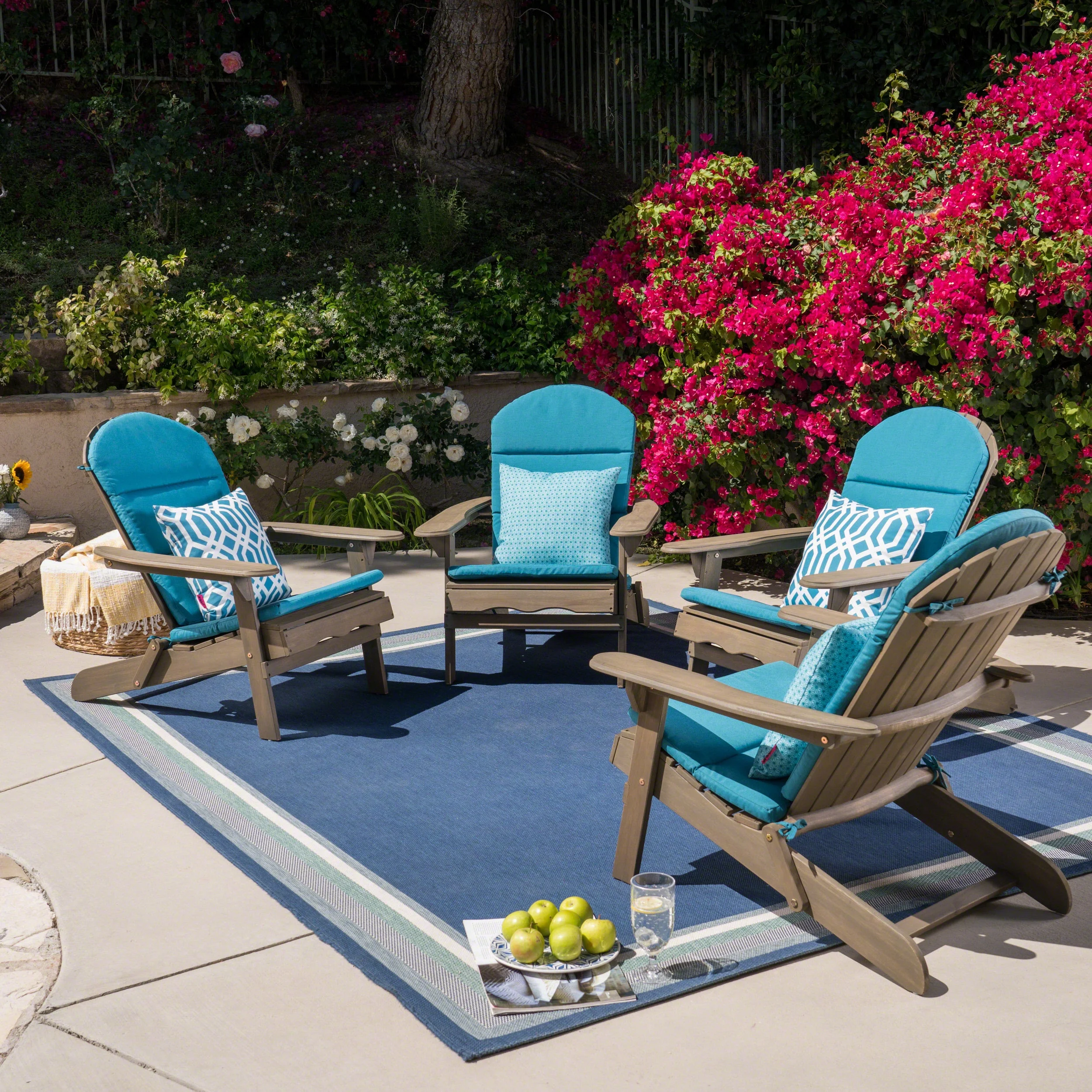 GDF Studio Cartagena Outdoor Acacia Wood Folding Adirondack Chairs with Cushions, Set of 4, Gray and Dark Teal - Curated Treasures Market