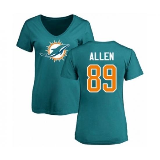 Football Women's Miami Dolphins #89 Dwayne Allen Aqua Green Name & Number Logo T-Shirt