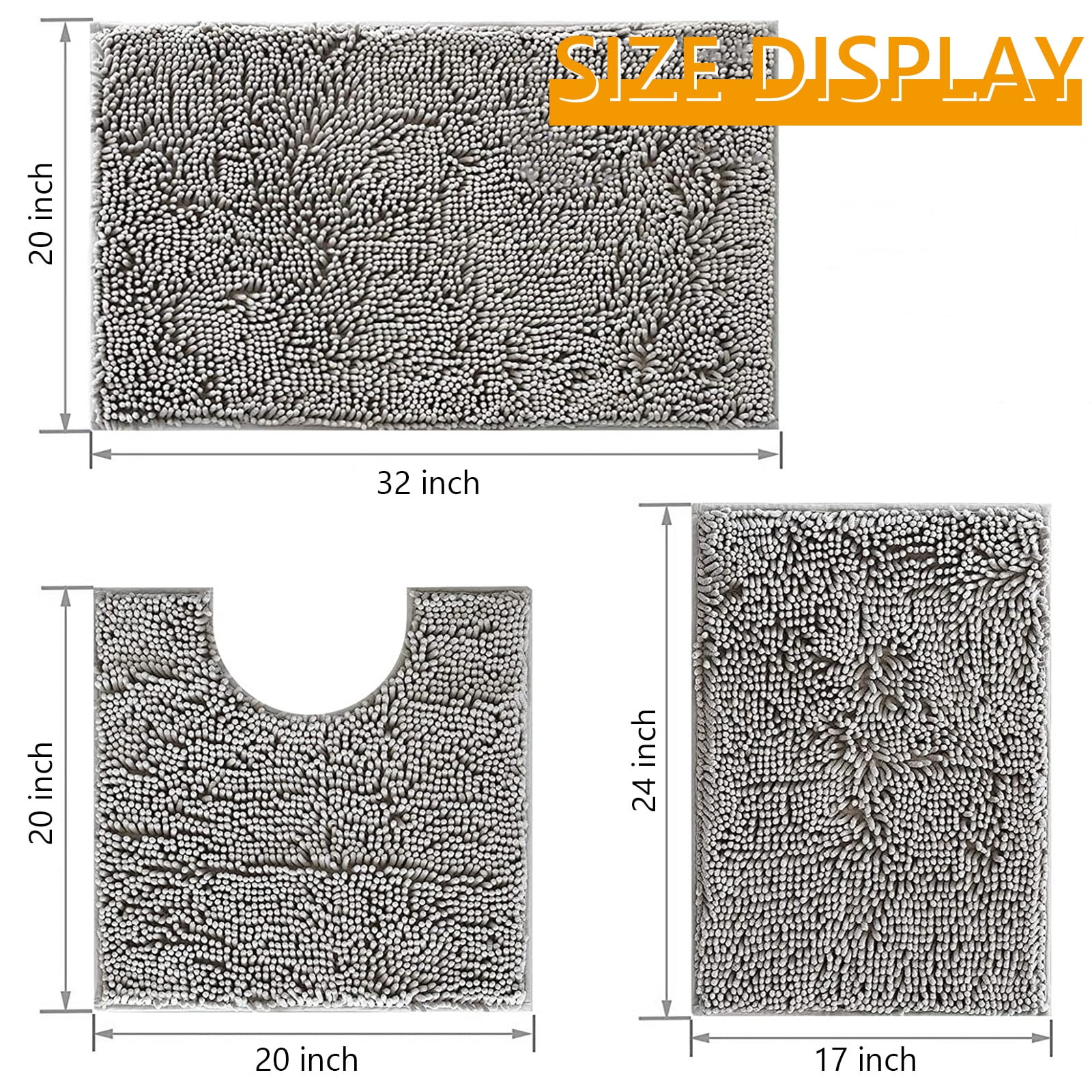 Tripumer 3 Pcs Chenille Bathroom Rug Sets Shaggy Bath Mat Set Carpet Extra Thick Soft Absorbent Bath Rugs Soft Non Slip Machine Wash Light Gray - Curated Treasures Market