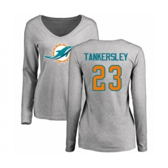 Football Women's Miami Dolphins #23 Cordrea Tankersley Ash Name & Number Logo Long Sleeve T-Shirt