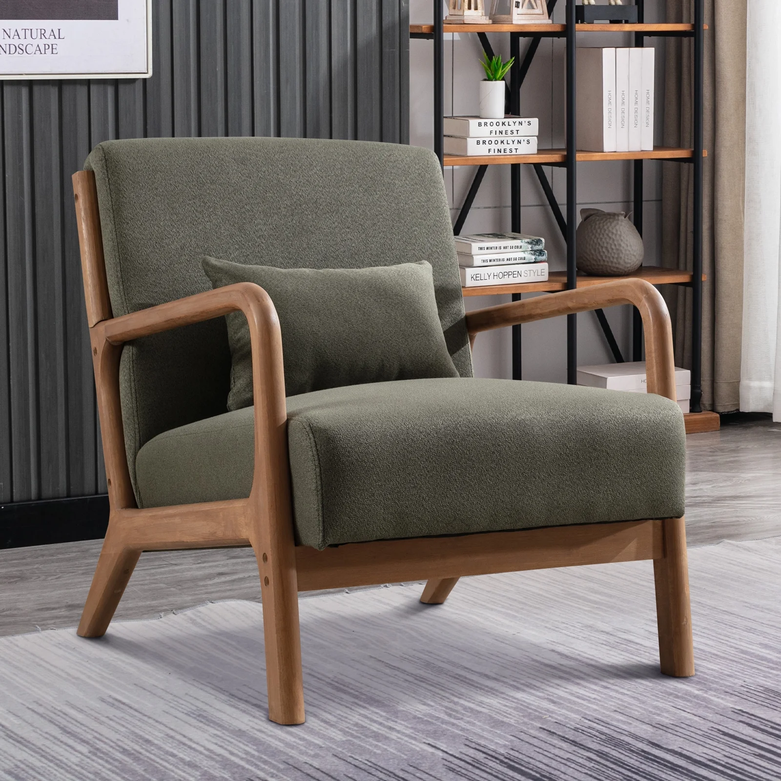 Bonzy Home Mid Century Modern Accent Chair, Single Fabric Lounge Reading Armchair with Solid Wood Frame, Easy Assembly Arm Chairs for Living Room,GREEN - Curated Treasures Market