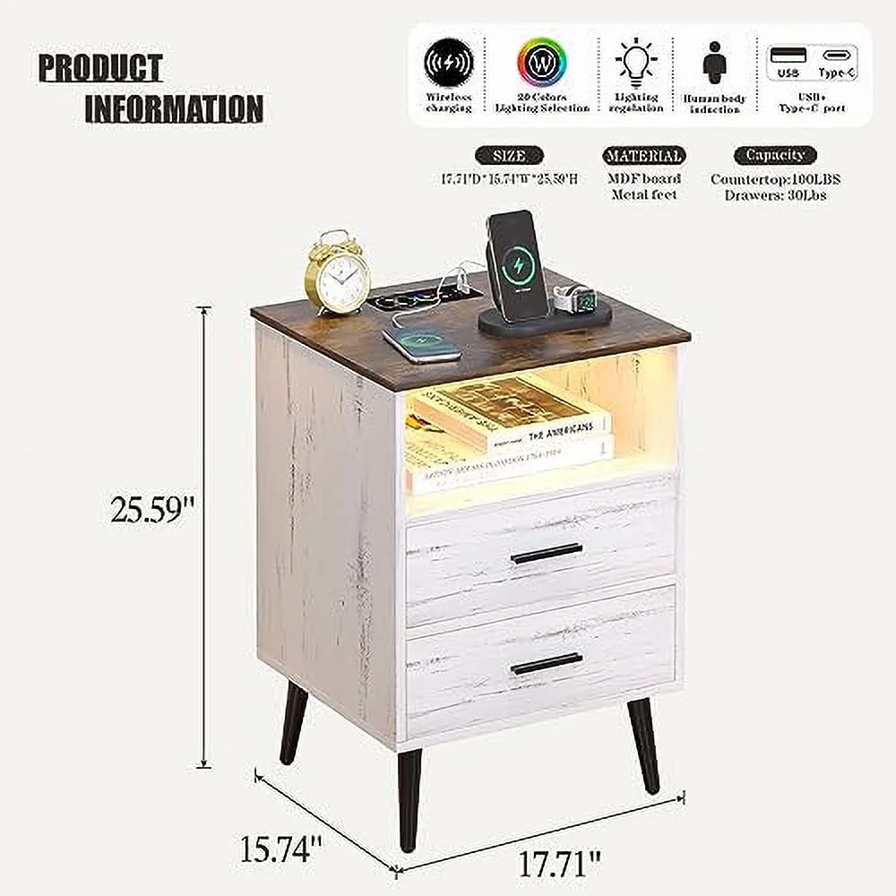 GEROBOOM Night Stand Set 2 with Charging Station  Smart Nightstand with LED Light  Wood Bedside Table with 2 Drawers and   Modern End Table for Bedroom/Livingroom  Black - Curated Treasures Market