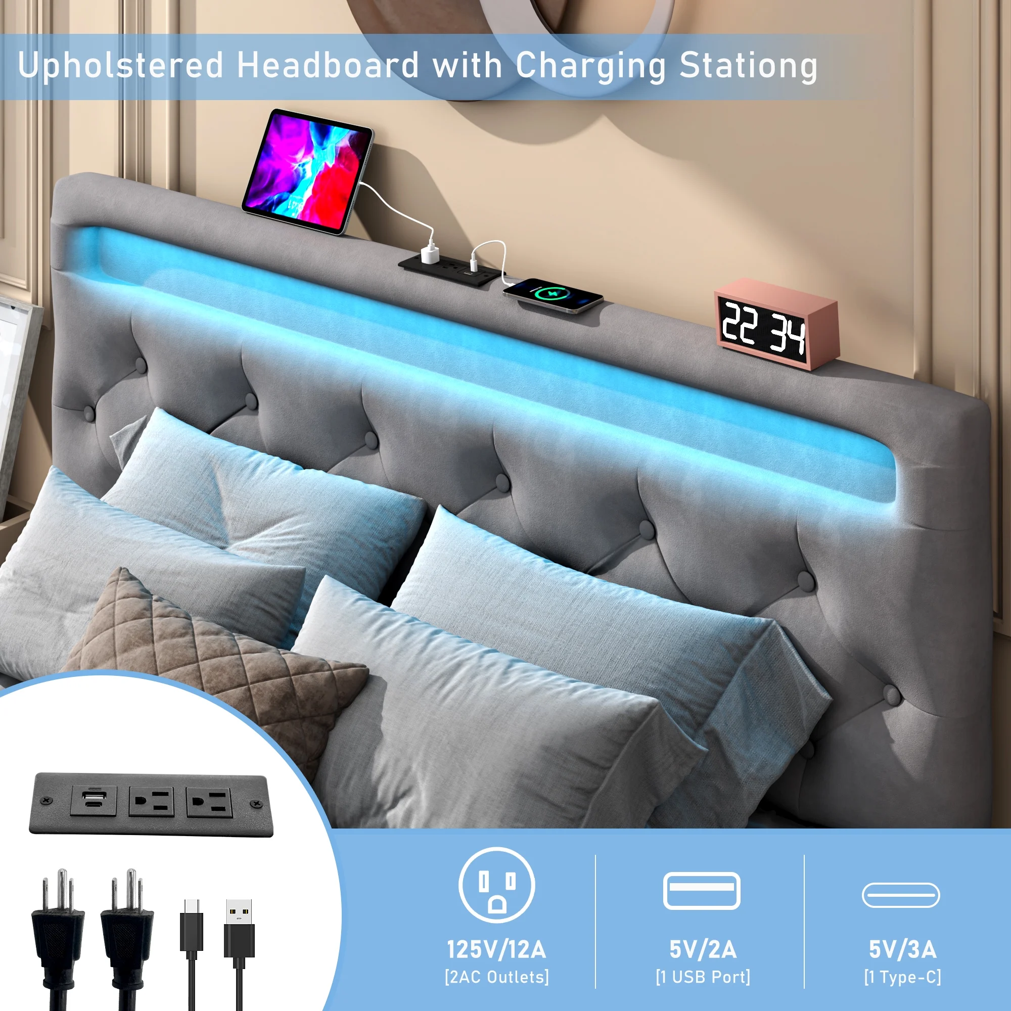 Queen Lift Up Bed Frame with LED Light & Power Outlets, Velvet Storage Bed with Adjustable Headboard, Upholstered Platform Bed(Beige-Queen)