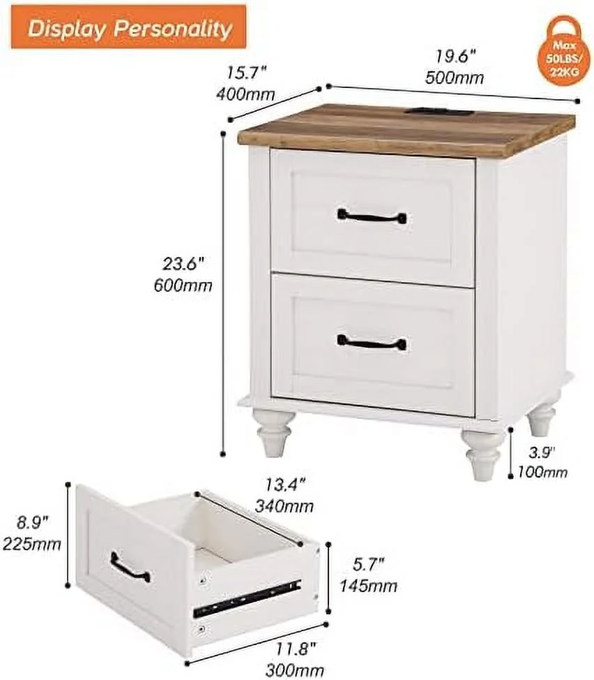 JYHOME End Table with Charging Station  White Wood Nightstand with 2 Drawers  Sofa  with 2 Power Outlets & 2 USB Ports for Living Room  Mid Century Bedside Table for Bedroom - Curated Treasures Market