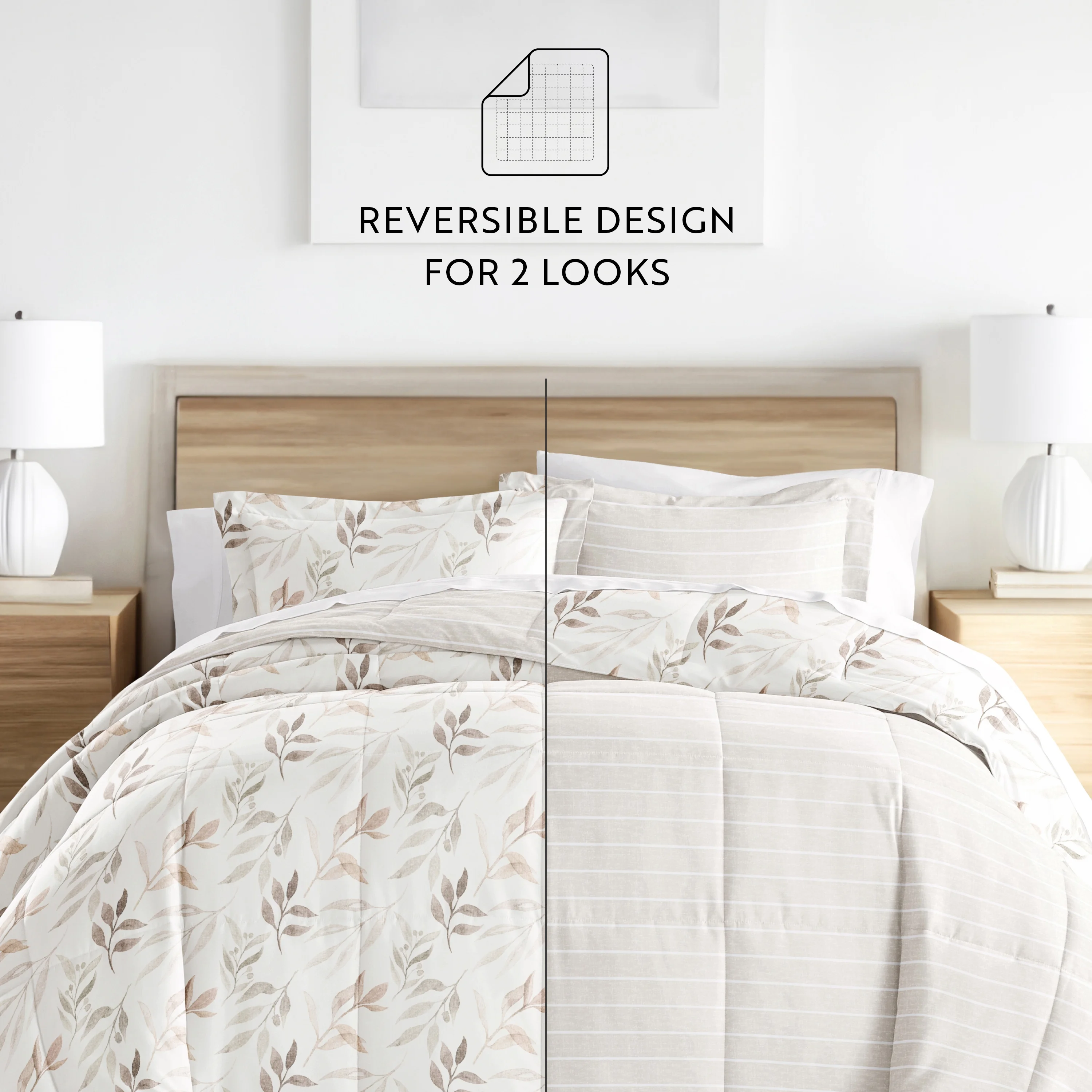 Noble Linens Down Alternative Foliage Stripe Ivory Reversible Comforter Set - Curated Treasures Market