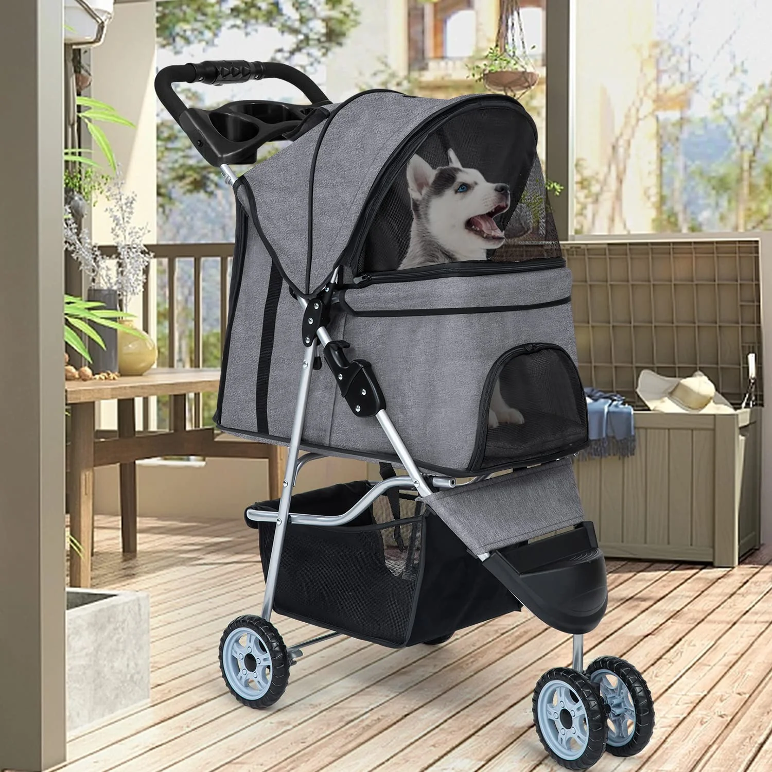 BestPet Pet Stroller Dog Cat Jogger Stroller Folding with Cup Holder (Grey, 3 Wheels) - Curated Treasures Market