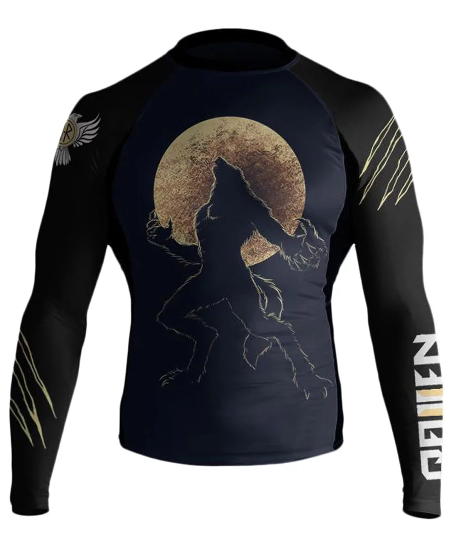 Raven Fightwear Men's BJJ Horror Werewolf Long Sleeve MMA Rash Guard Medium - Curated Treasures Market