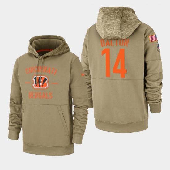 Men's Cincinnati Bengals #14 Andy Dalton 2019 Salute to Service Sideline Therma Pullover Hoodie - Tan