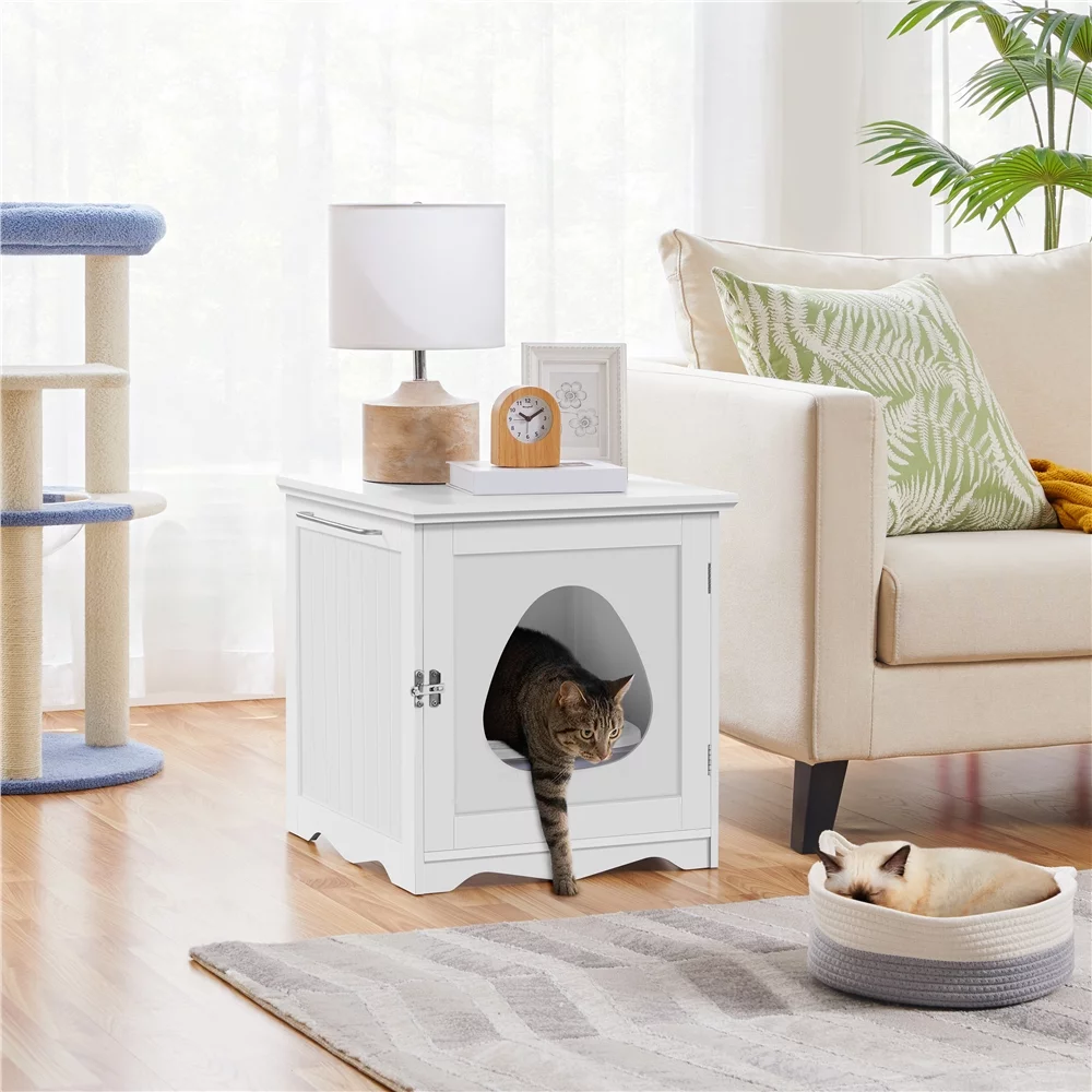 Topeakmart Wood Cat Home and Litter Box, White - Curated Treasures Market