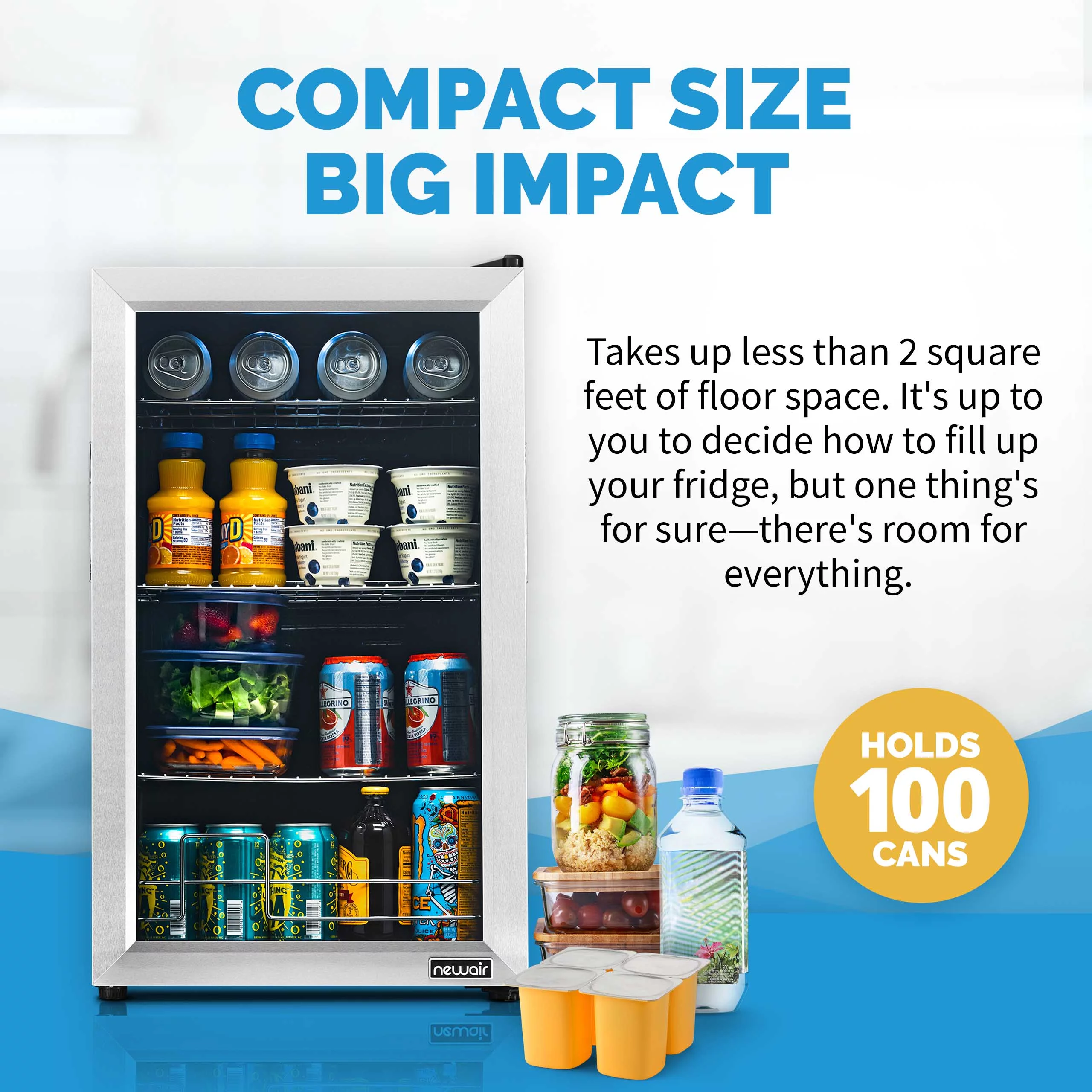 Newair 100 Can Beverage Refrigerator Cooler, Freestanding Mini Fridge in Stainless Steel for Home, Office or Bar