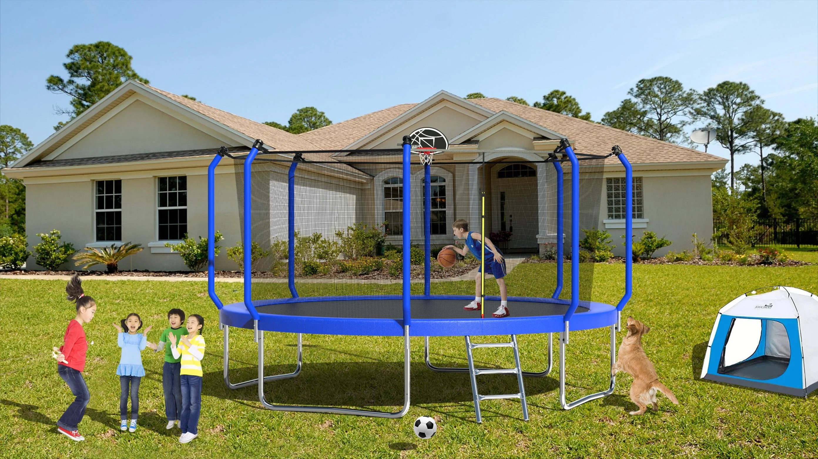 Seizeen Outdoor Trampoline for Kids, 12FT Round Trampoline W/ Enclosure,  Upgraded Colorful Trampoline with Hoop Ladder