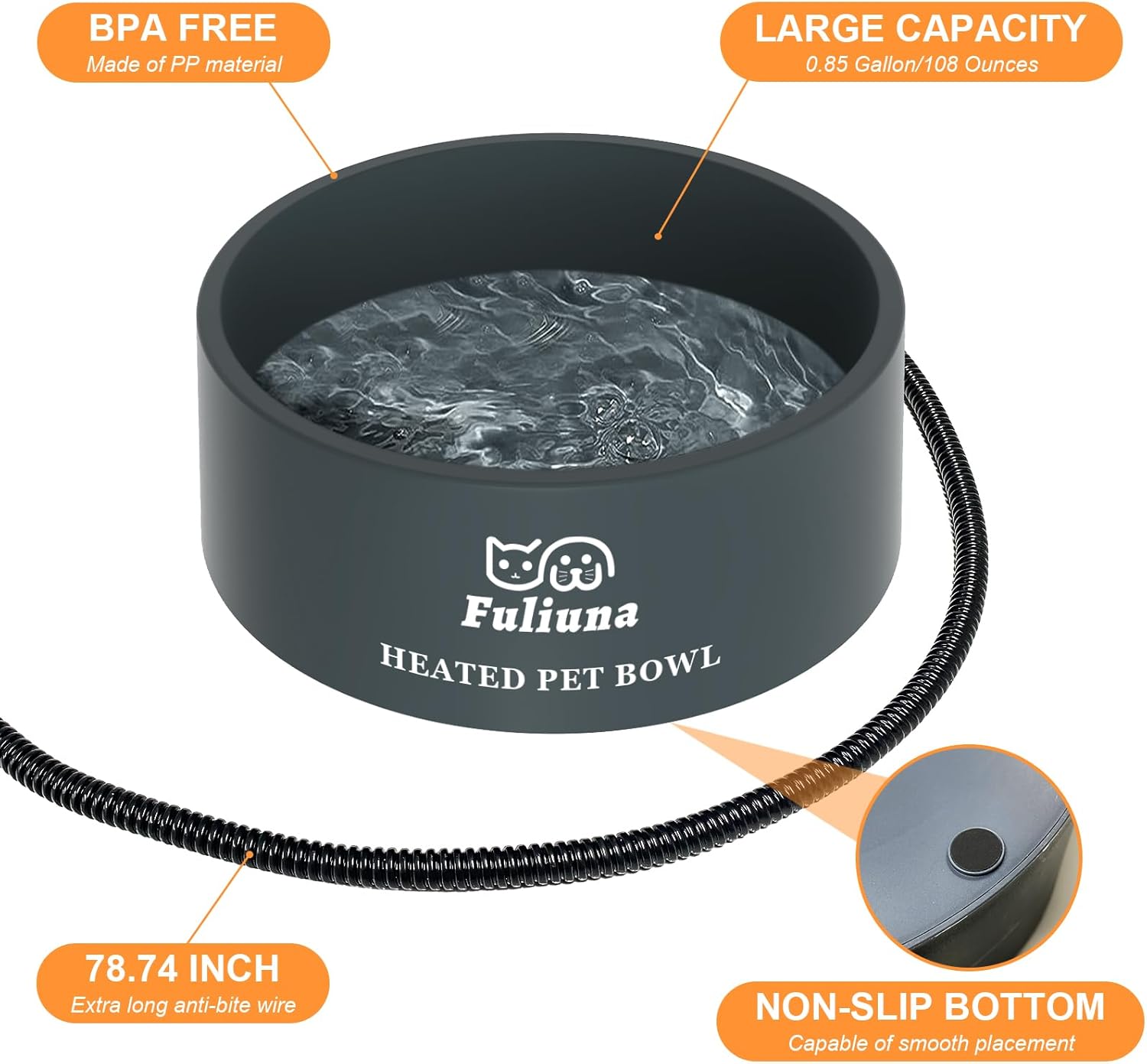 Outdoor Heated Pet Bowl with Chew Resistant Cord, Thermal Bowl Provides Drinkable Water in Winter for Dogs, Cats, Rabbits, Chickens, Ducks - 0.85 Gallon
