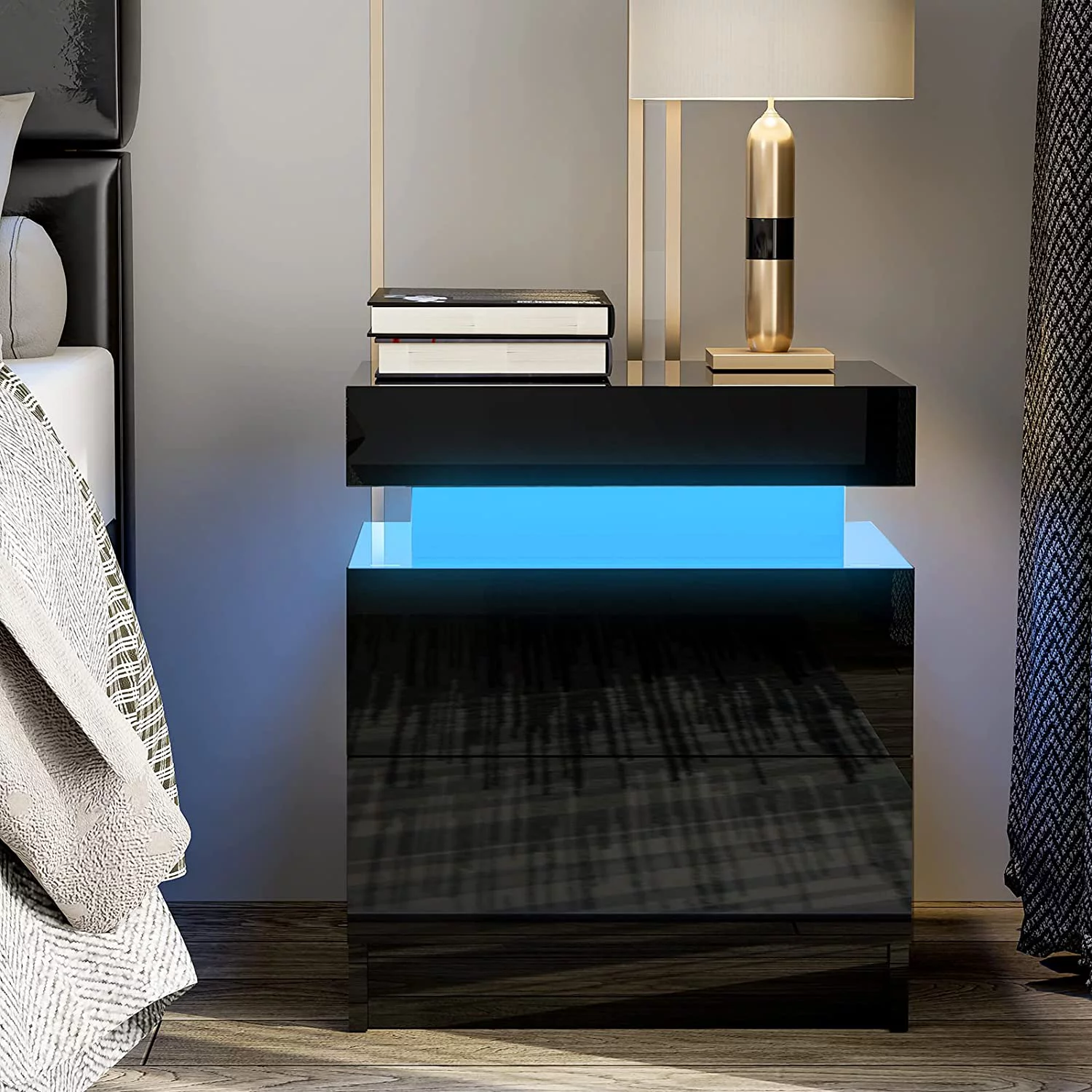 IKIFLY Black Modern LED Nightstand with 2 Drawers/High Gloss Bedside Tables with Changing LED Lights/End Side Table for Bedroom Living Room Furniture - Black - Curated Treasures Market