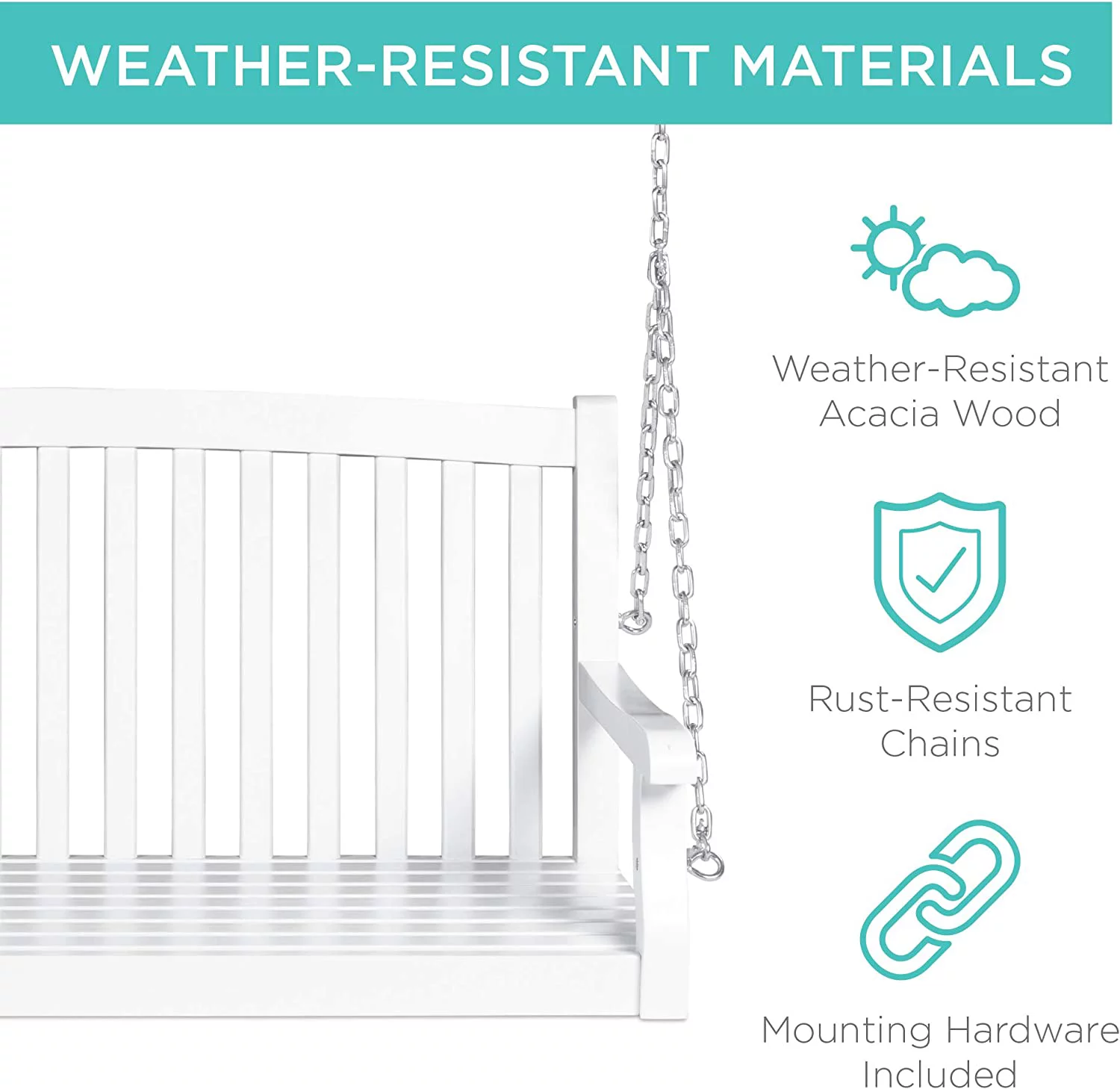 U-SHARE  48in Wood Porch Swing Outdoor Patio Hanging Bench Chair Furniture for Deck, Garden, Yard w/Mounting Chains, Curved Back Design, 500lb Weight Capacity - White - Curated Treasures Market