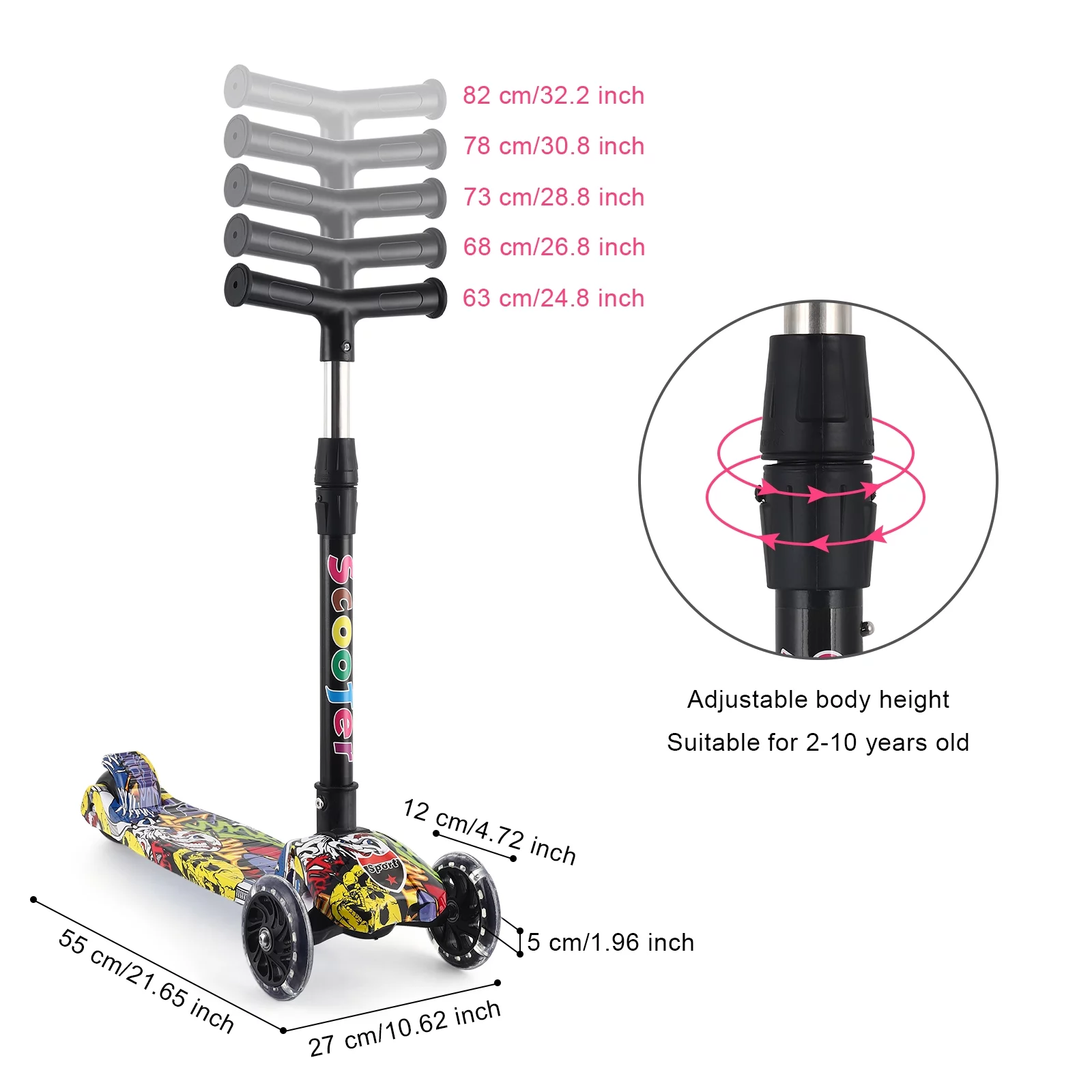 3-Wheel Adjustable Led Pedal Scooter, T-Bar Scooter, Suitable For Young Children,Yellow - Curated Treasures Market