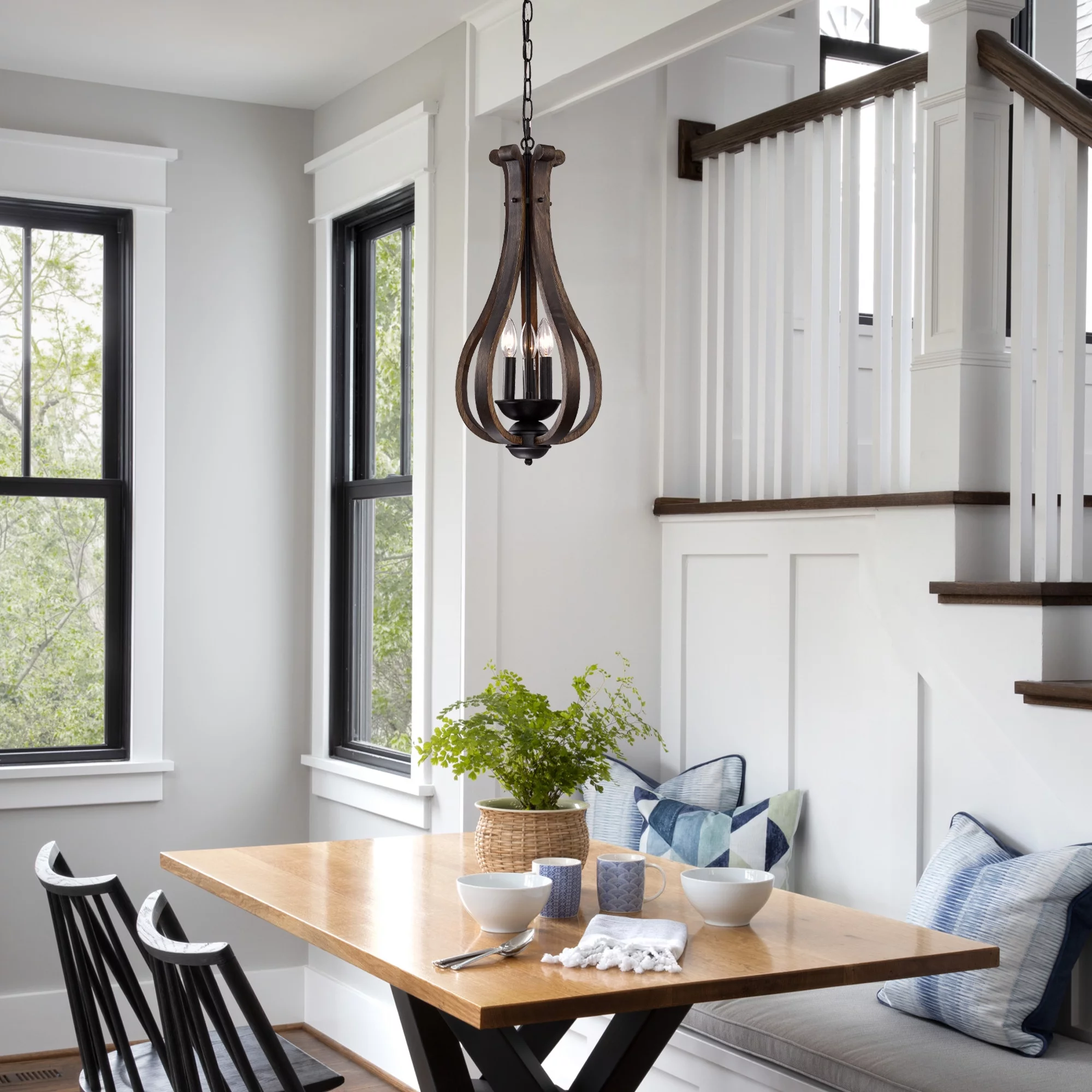 LaLuLa Rustic Farmhouse 3-Light Chandelier Wooden Pendant Lighting Bronze Chandeliers for Dining Room