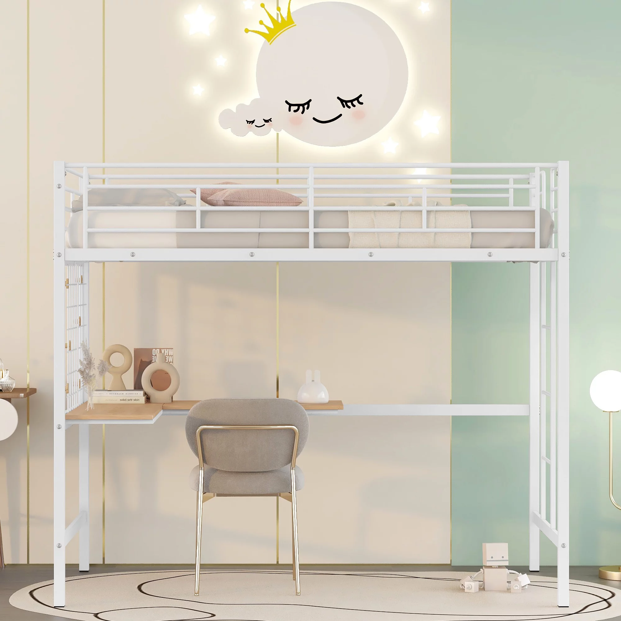 iRerts Metal Loft Bed with Desk. Twin Loft Bed Frame with Metal Grid for Kids Teens Adults. Twin Loft Bed with Ladder Guardrail. Loft Bed Frame Twin for Bedroom Dormitory. No Box Spring Needed. White