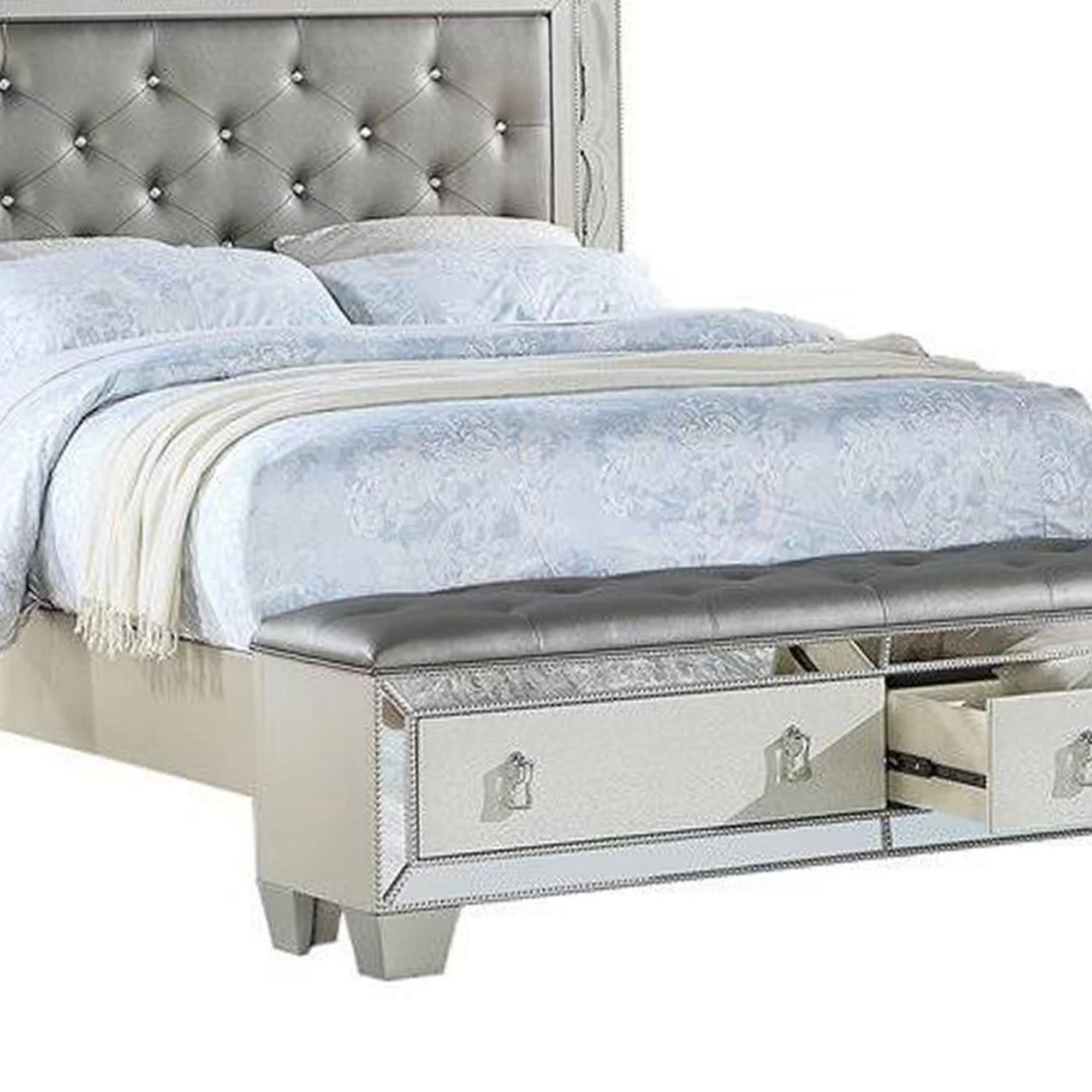 Benjara Reva King Bed. Storage Footboard. Silver Faux Leather Tufted Upholstery