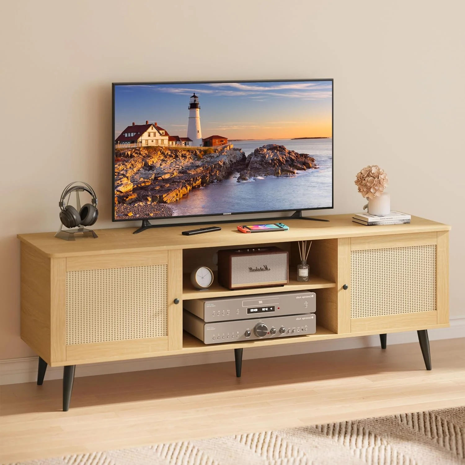 Aiho Rattan 55'' TV Stand , Entertainment Center for Living Room with 2 Cabinets