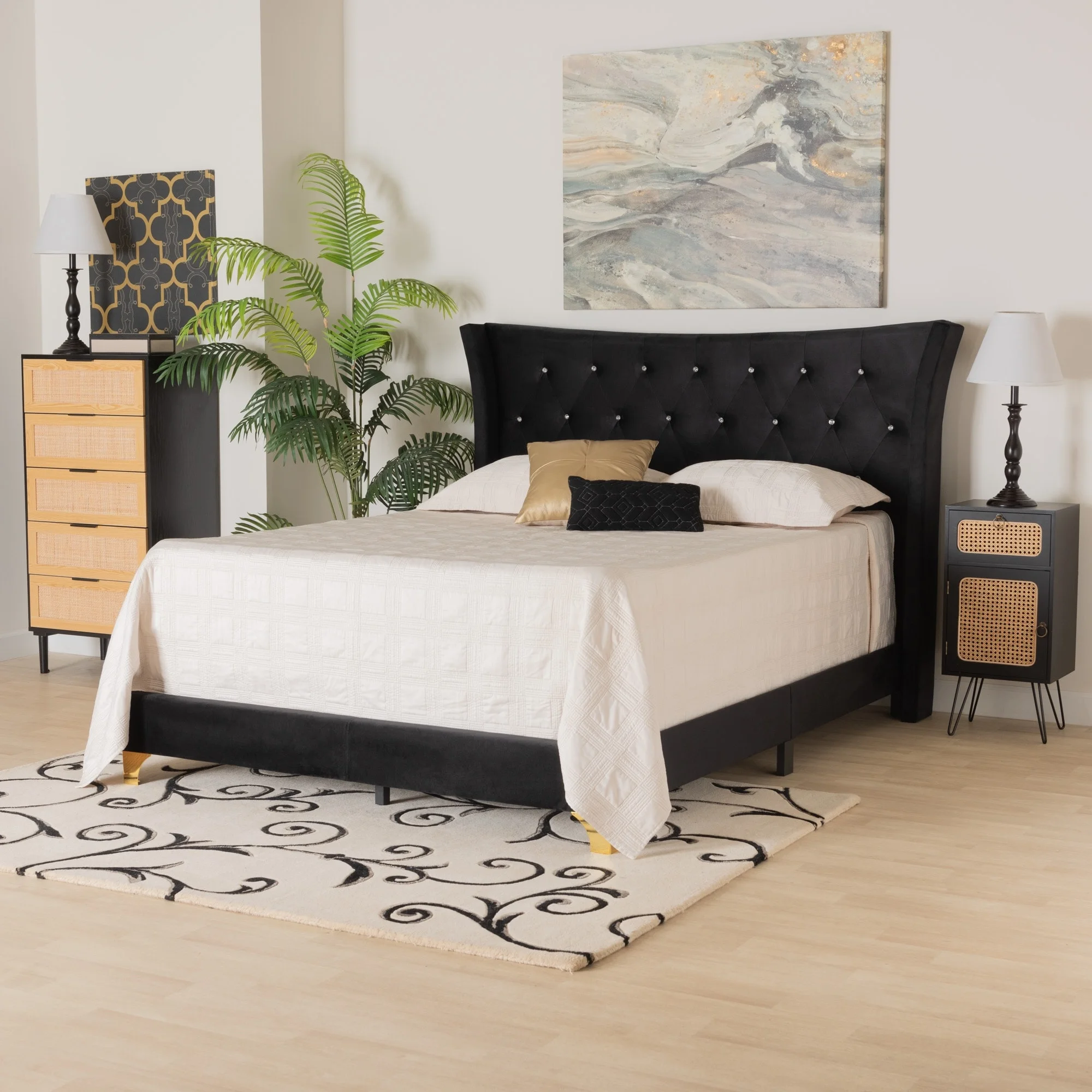 Baxton Studio Easton Contemporary Glam and Luxe Velvet and Gold Metal Queen Size Panel Bed Black, Gold - Curated Treasures Market