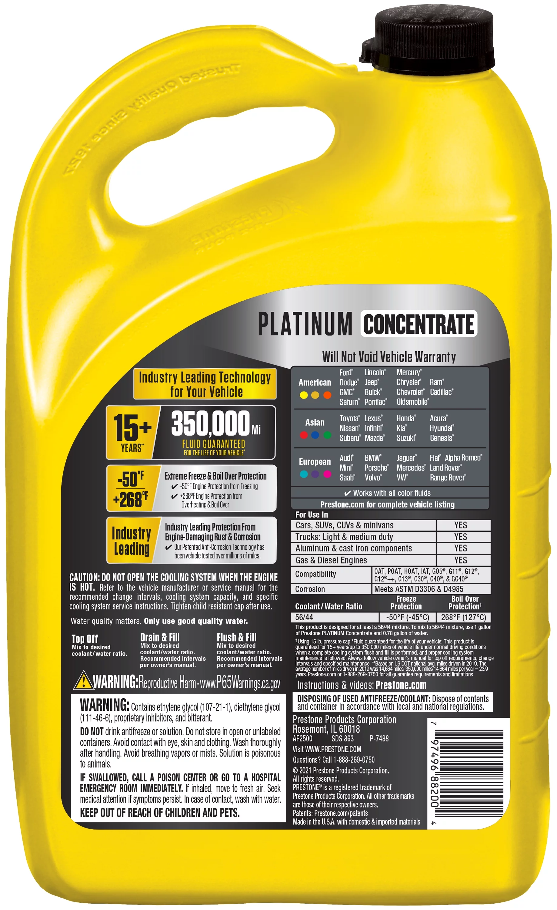 Prestone Platinum Univ Antifreeze+Coolant; 15yr/350k Mi, 1 gal - Concentrate