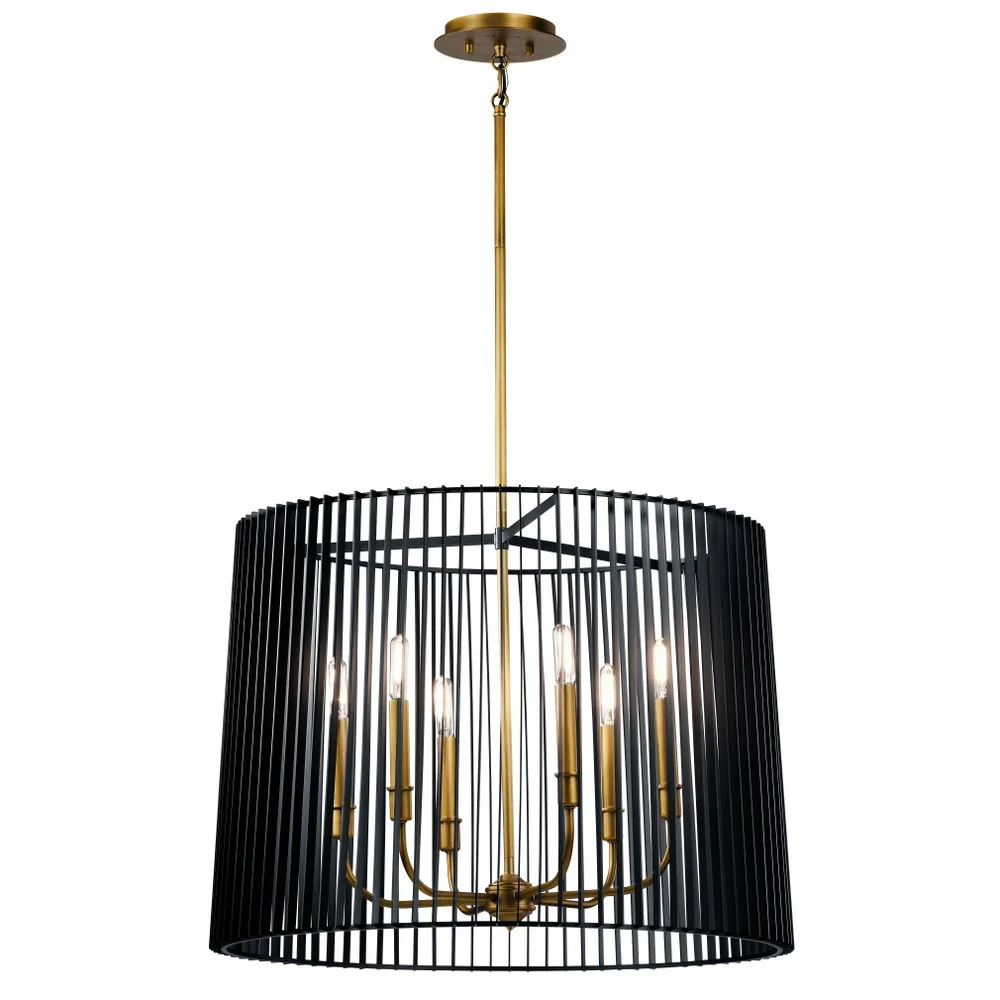 Mid Century Modern 6-Light Chandelier in Natural Brass Finish with Matte Black Metal Slatted Shade 26 inches W X 19.75 inches H Bailey Street Home