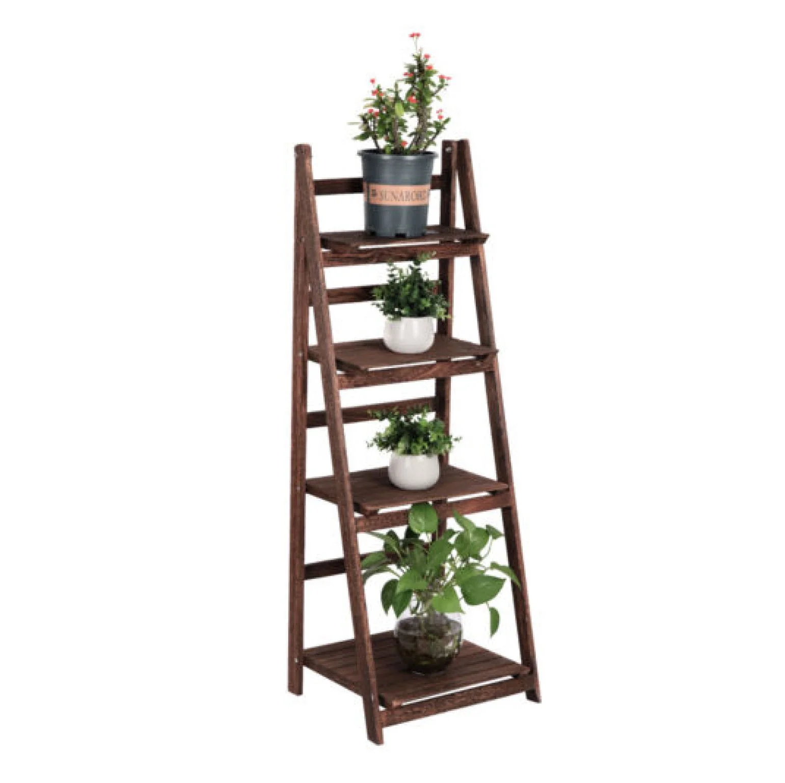 Generic 4 Tier Flower Plant Ladder Shelf Stand Storage Rack Vintage Foldable Bookshelf (Brown) - Curated Treasures Market