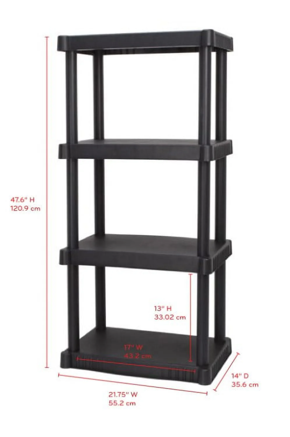 Hyper Tough Plastic 4-Tier Storage Shelves 47.6H x 21.75W x 14D, 240lb Total Capacity, Black