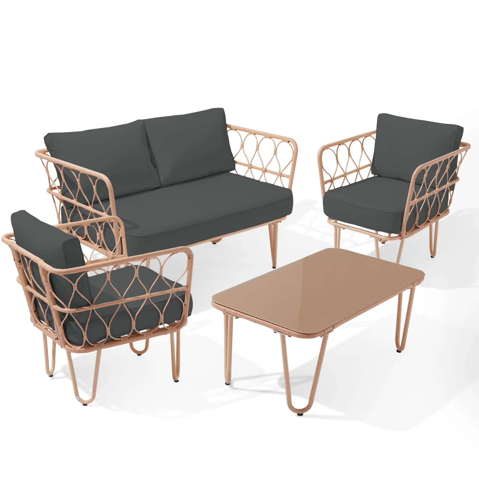 WangSiDun 4 Pieces Patio Furniture Set, Balcony Bistro Set Outdoor All Weather Rattan Conversation Set with Loveseat Chairs Table Cushions, Gray - Curated Treasures Market