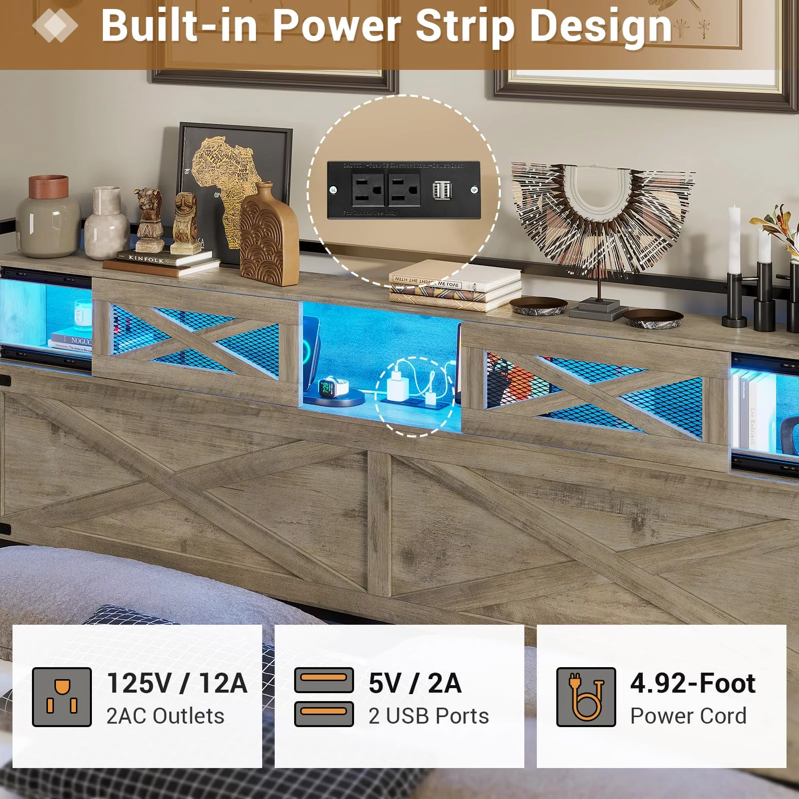 Queen Size Bed Frame with LED Lights and Charging Station and Storage Headboard,Farmhouse Metal Platform Bed Frame with Sliding Barn Door, No Box Spring Needed, Rustic Oak