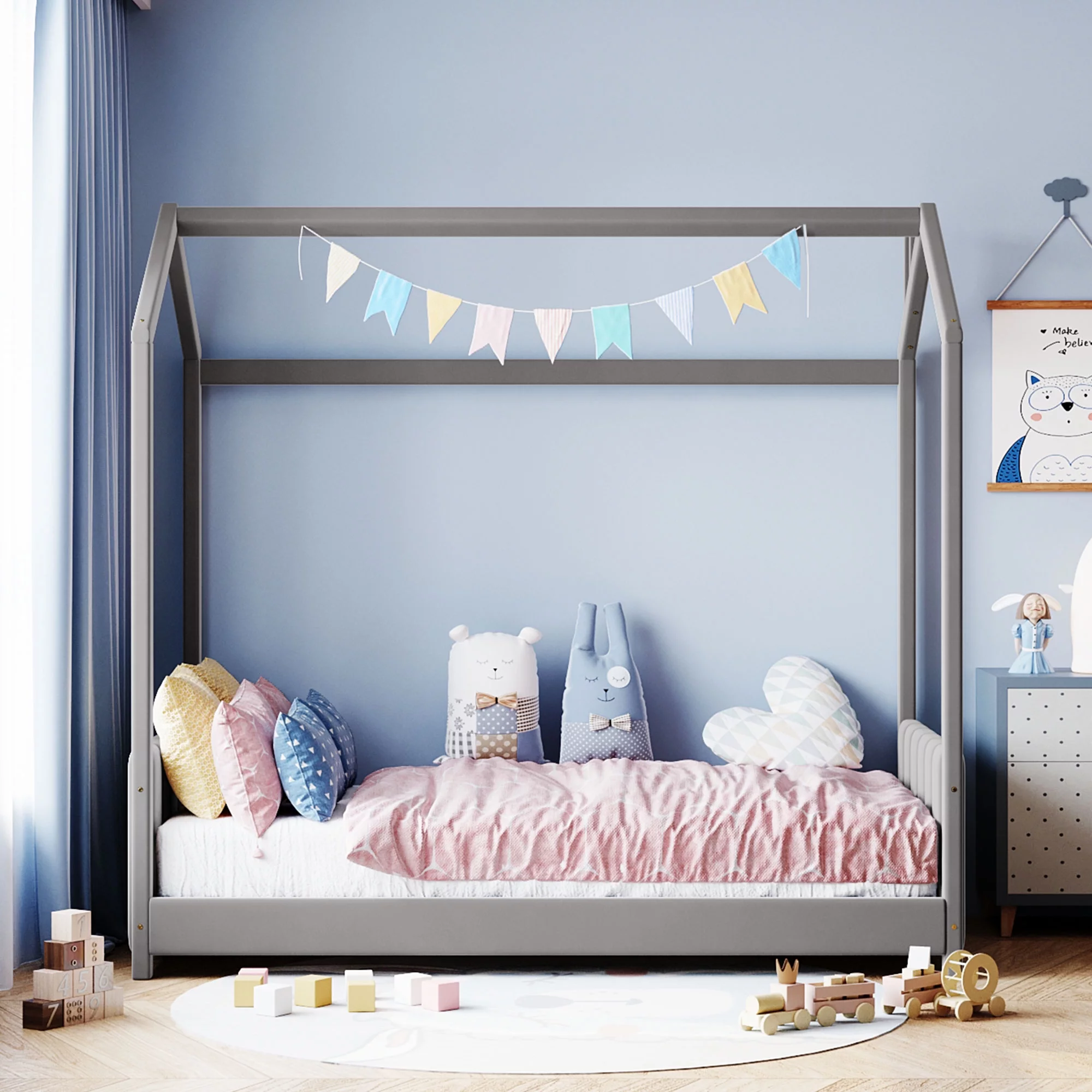 Bellemave Twin Size House Bed for Kids, Velvet Montessori Floor Bed with Headboard & Footboard, Twin Bed Frame for Toddlers Girls Boys （Twin, Grey) - Curated Treasures Market