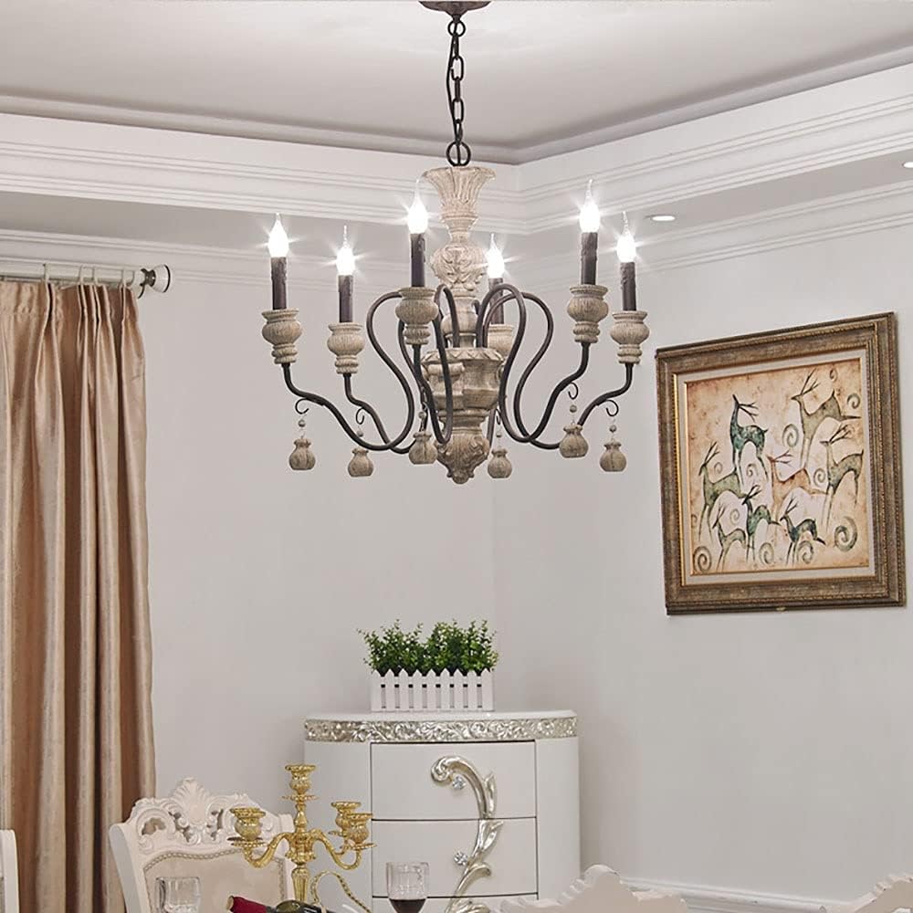 French Rustic Farmhouse Candle Chandelier, 6-Lights Chic Dining Room Lighting Hanging, Kitchen Island Light, Industrial Iron Chandeliers for Foyer, Living Room