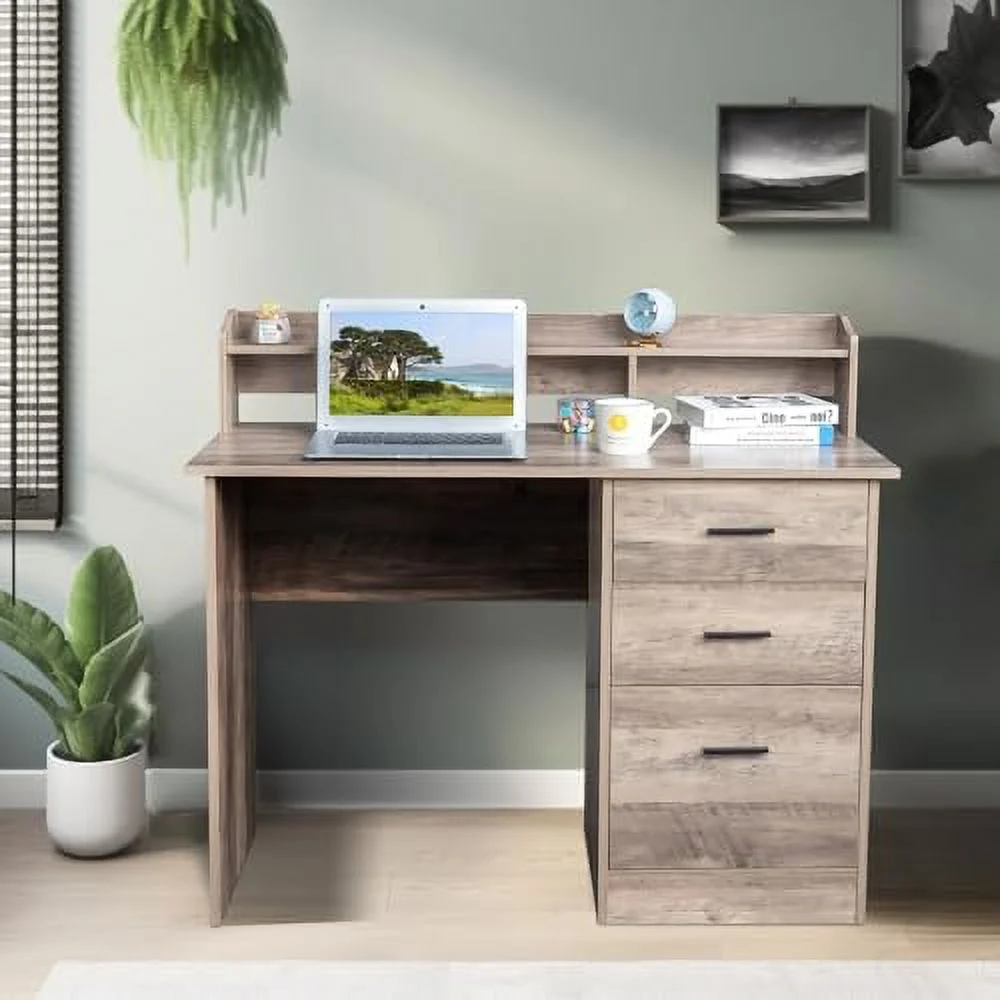 CHYTRE Grey Computer Desk with Drawers ＆ Hutch   Office Desks with  for  Students Teens  Small Wood Table for Work Study Gaming Writing  PC Laptop Workstation - Curated Treasures Market