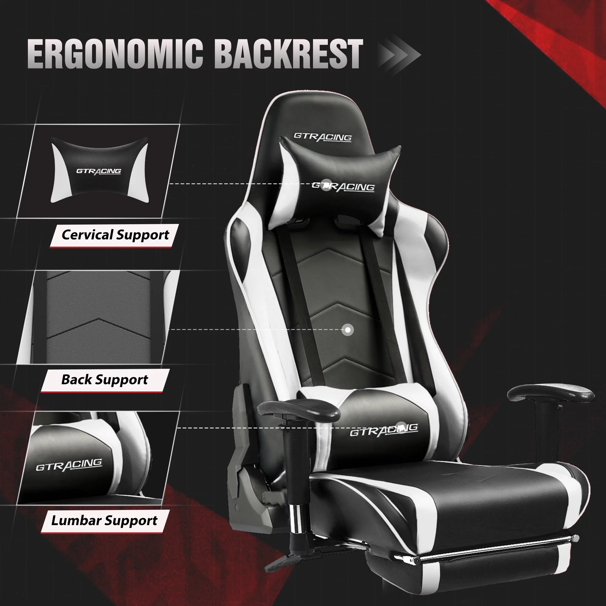 GTRACING Gaming Chair with Footrest PU Leather Office Chair with Adjustable Headrest, White - Curated Treasures Market
